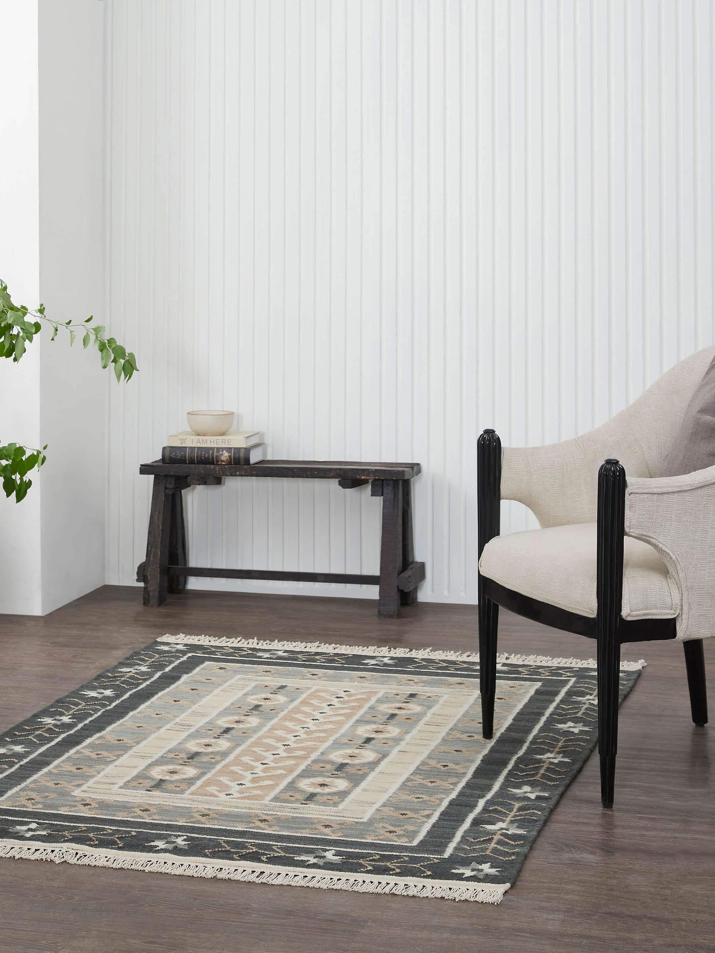 Lifestyle shot: Contemporary grey Panja wool dhurrie featuring geometric design, styled in modern space.