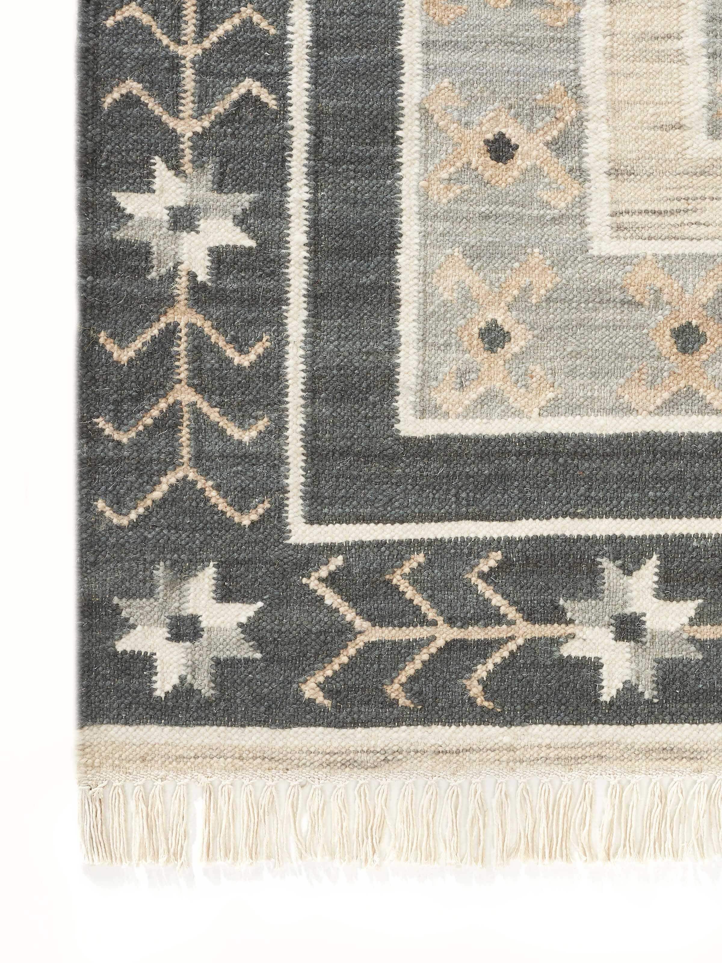 Full view of Contemporary geo grey wool panja dhurrie highlighting the overall geometric pattern and wool material.