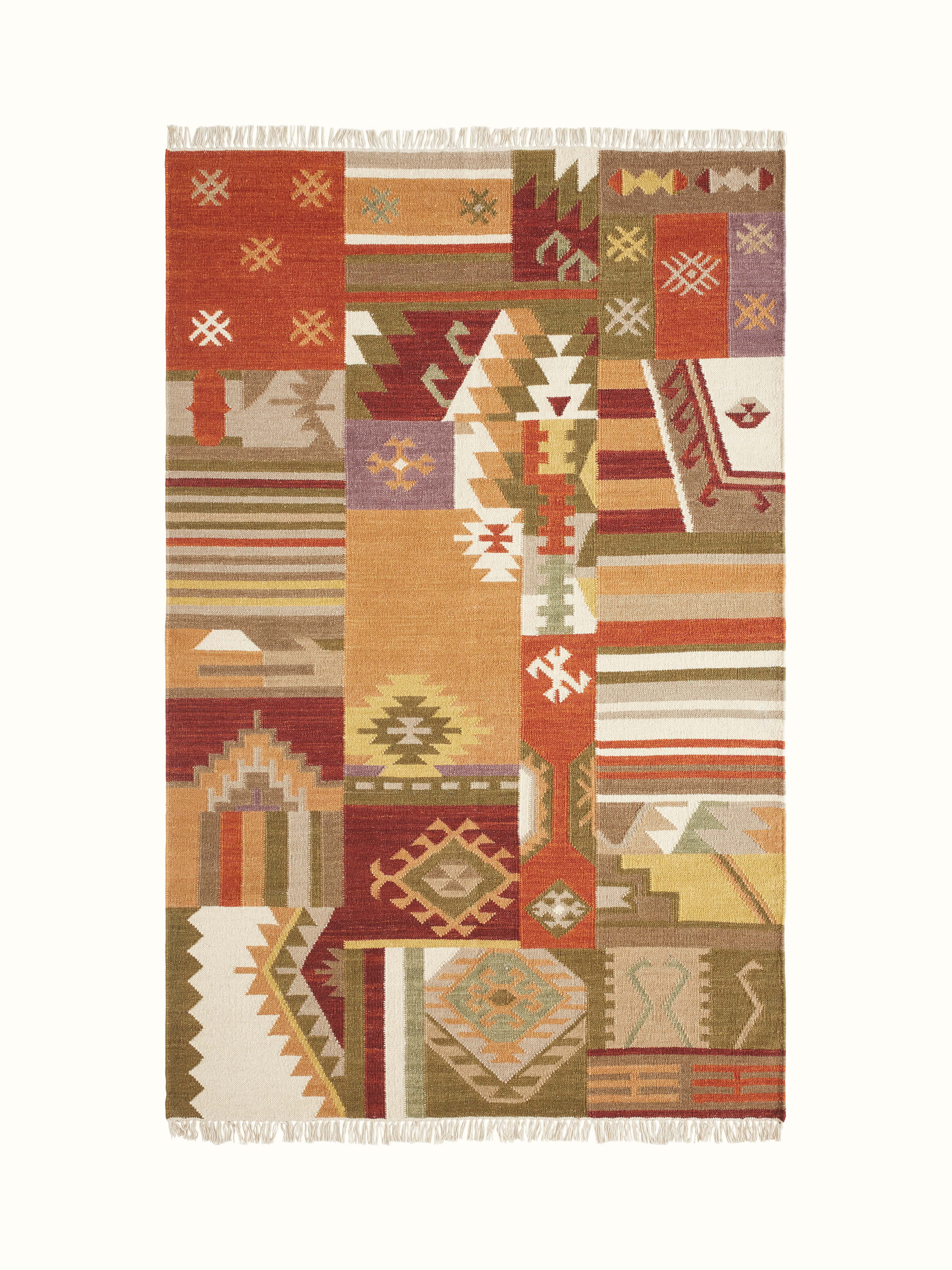 Full view of Kilim Patchwork Orange Wool Panja Dhurrie, showcasing its vibrant orange and intricate patchwork design.