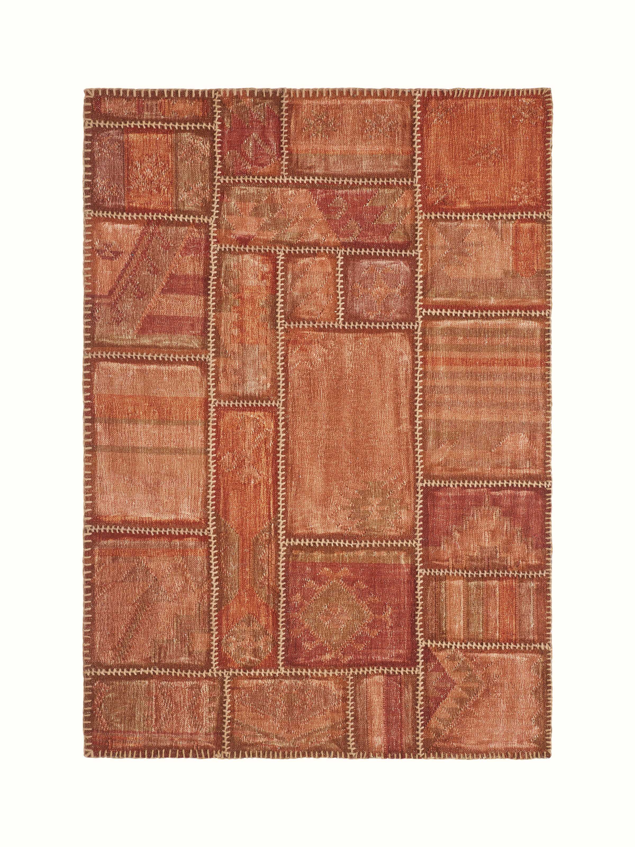 Kilim patchwork antique red wool panja dhurrie, displaying the full pattern and rich color in a flat lay view