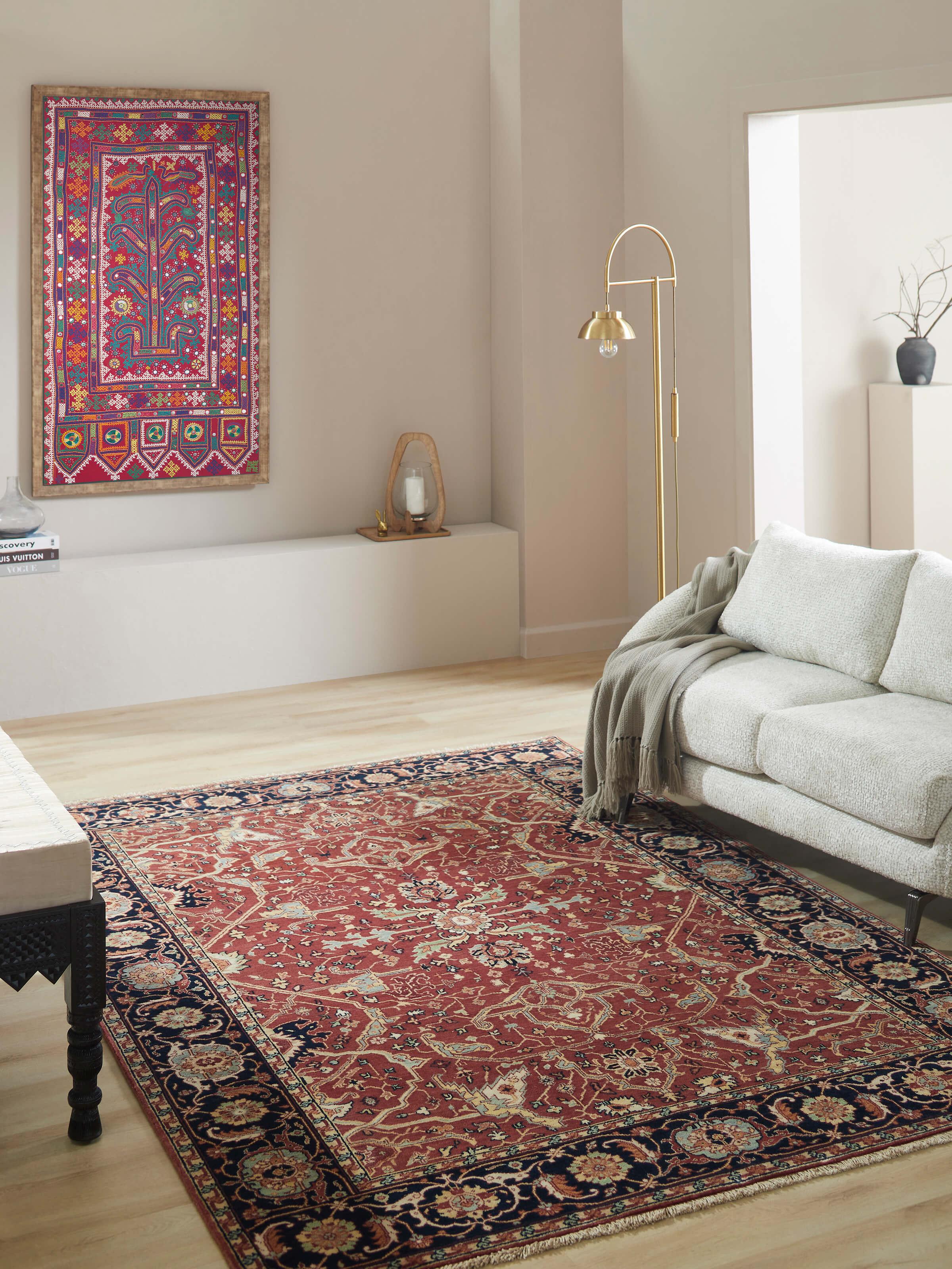 Close-up of Traditional Heriz red Bhadohi wool hand-knotted rug, highlighting the detailed design and texture.