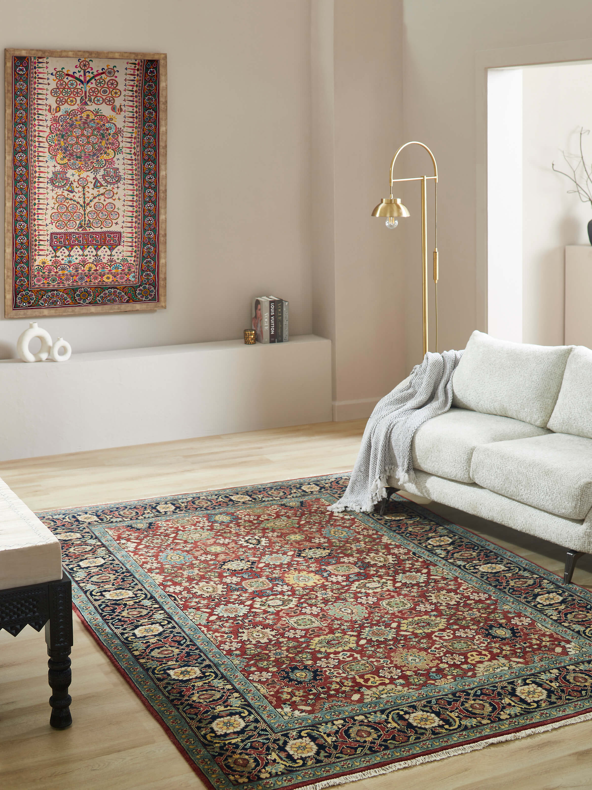 Side view of Traditional mahal red Bhadohi wool hand-knotted rug, highlighting the rug's texture and design