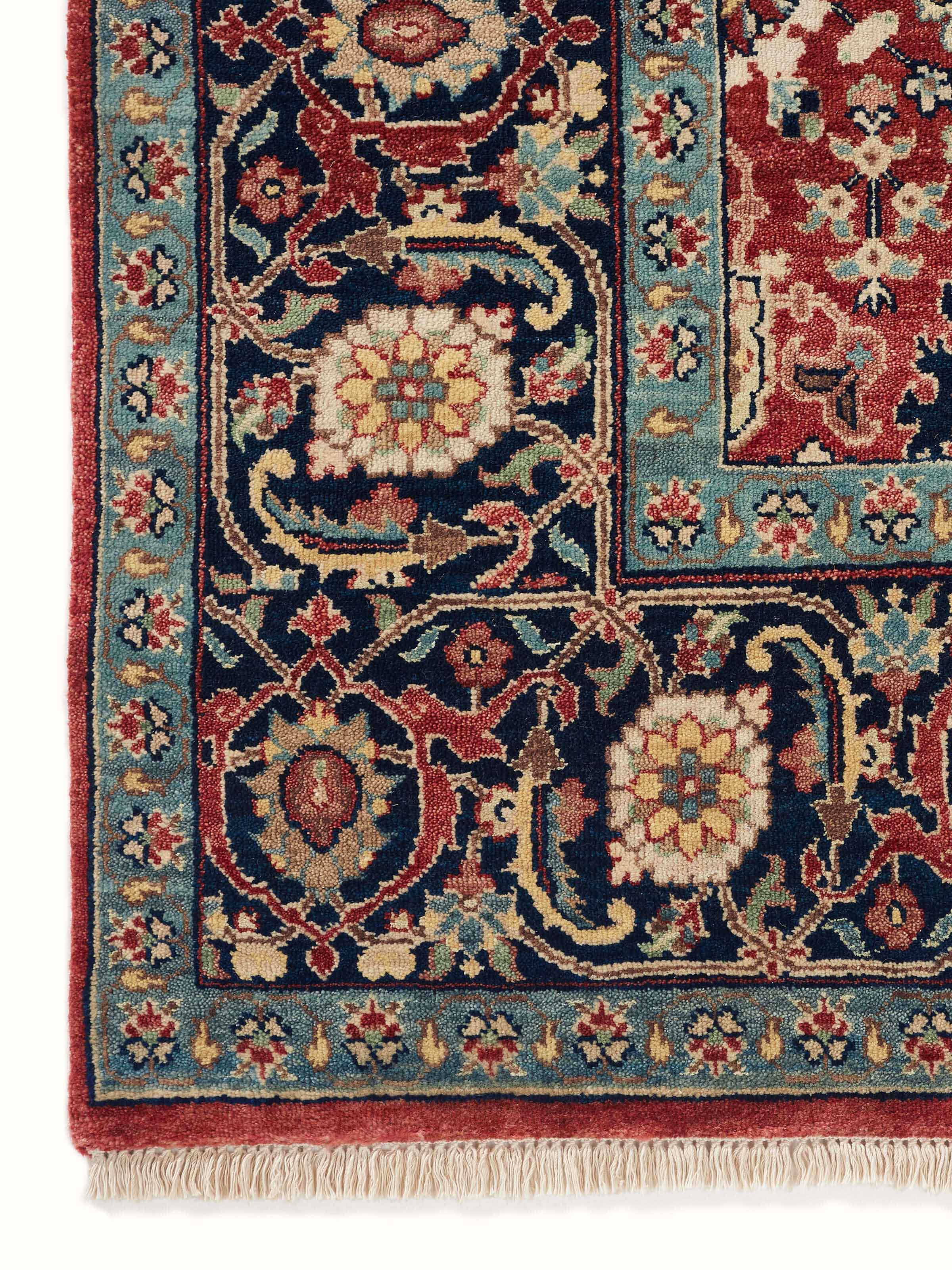 Back view of Traditional mahal red Bhadohi wool hand-knotted rug focusing on the construction and craftsmanship