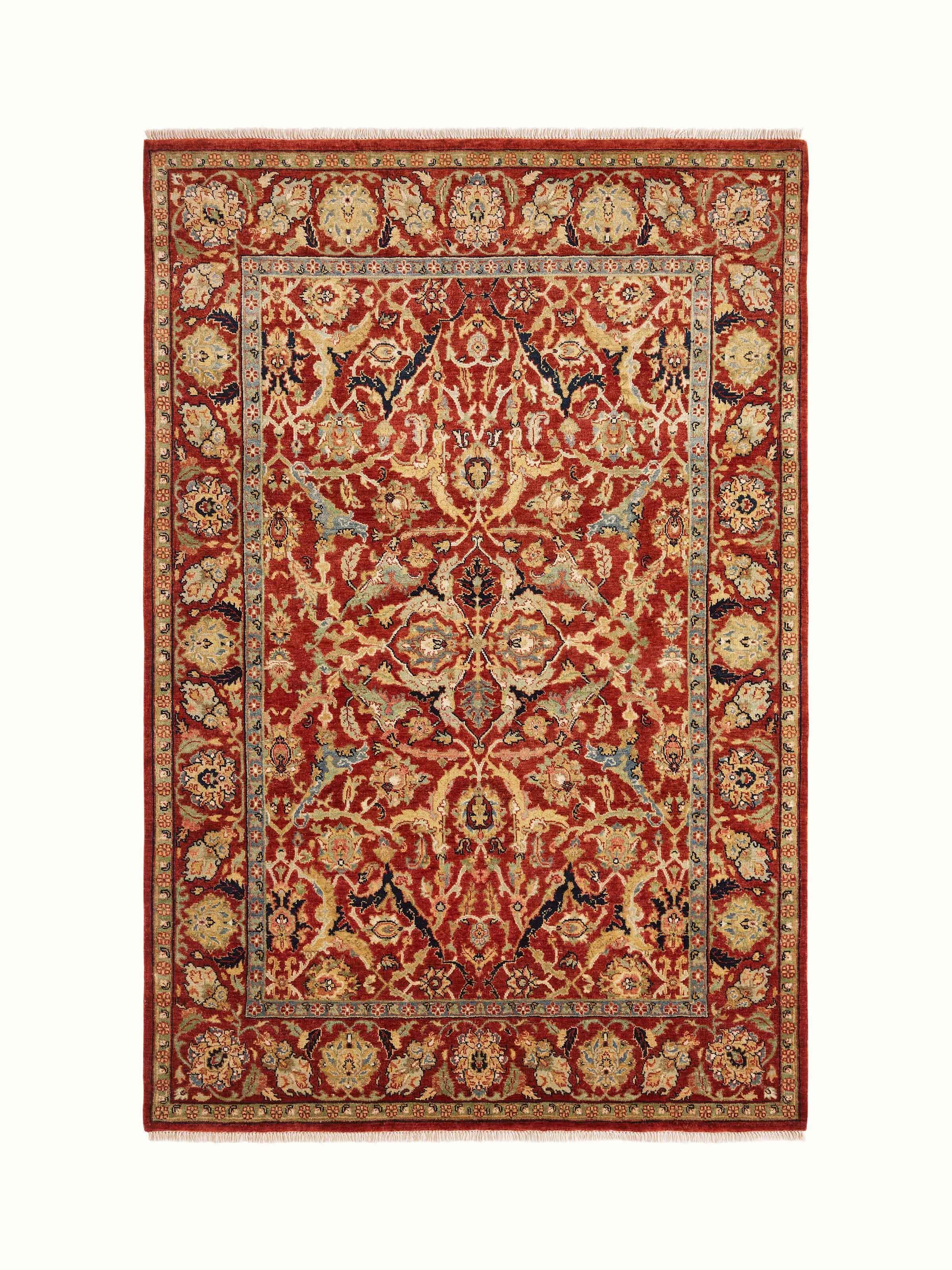 Top view of Traditional Polonise rust Bhadohi wool hand-knotted rug featuring its rich rust color and traditional design.
