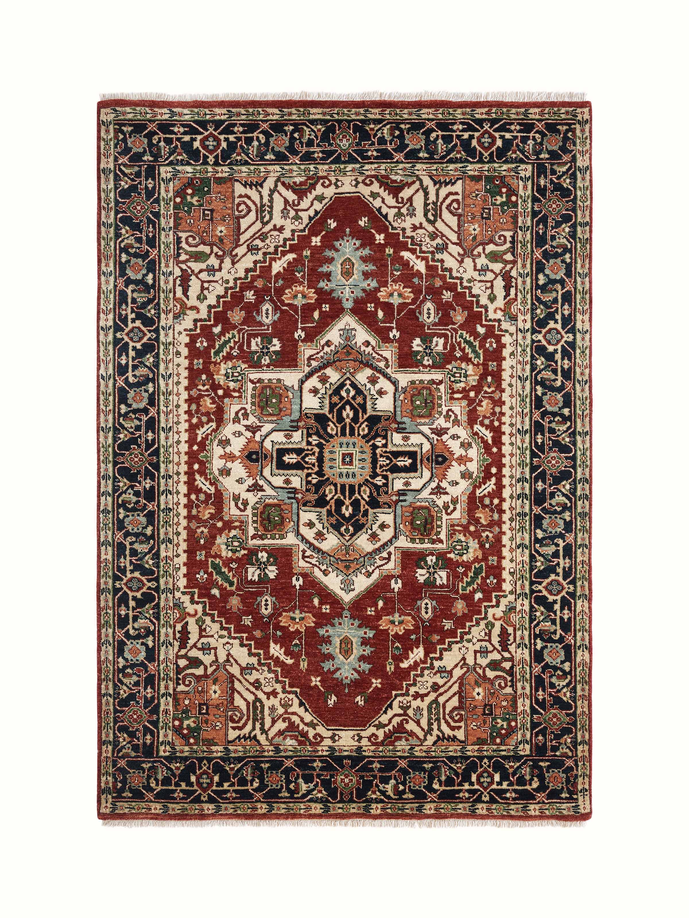 Front view of Traditional Heriz rust Bhadohi wool hand-knotted rug highlighting intricate patterns