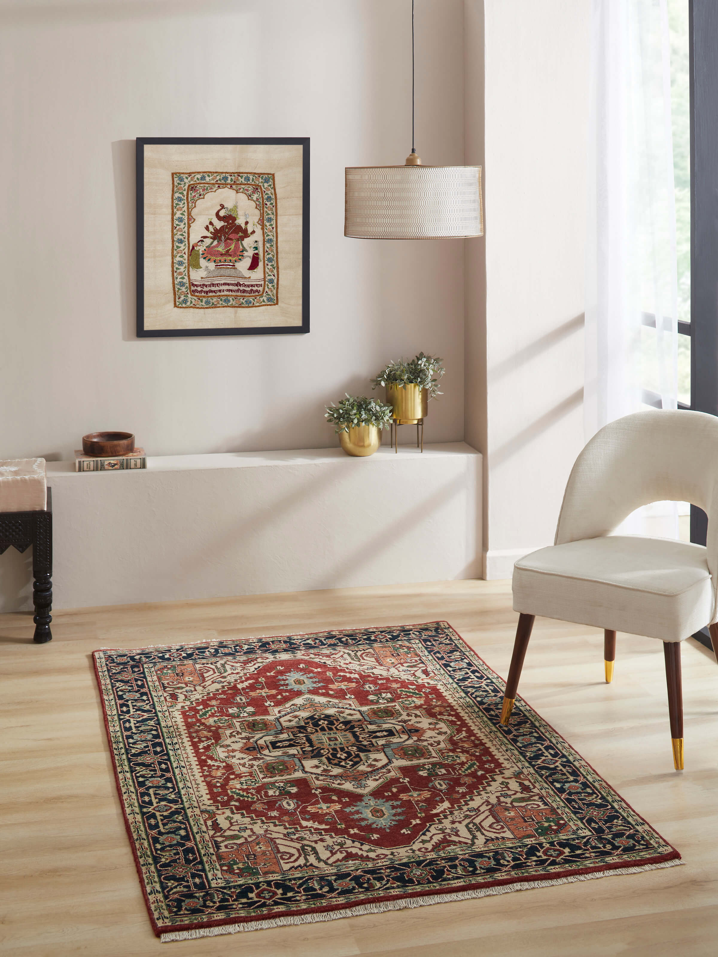 Side view of Traditional Heriz rust Bhadohi wool hand-knotted rug showcasing detailed craftsmanship