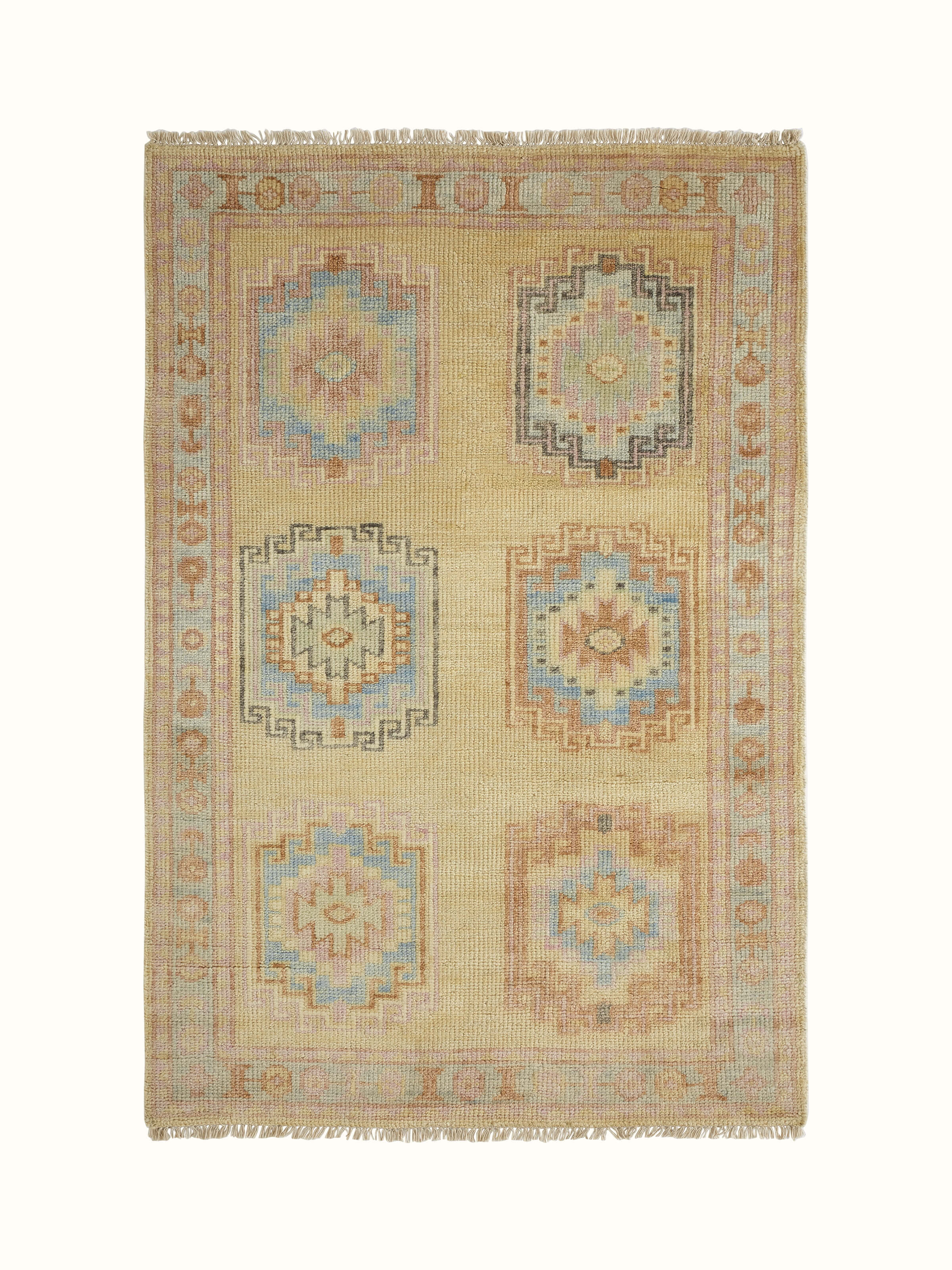 Front view of Traditional Khotan yellow Bhadohi wool hand-knotted rug highlighting detailed craftsmanship