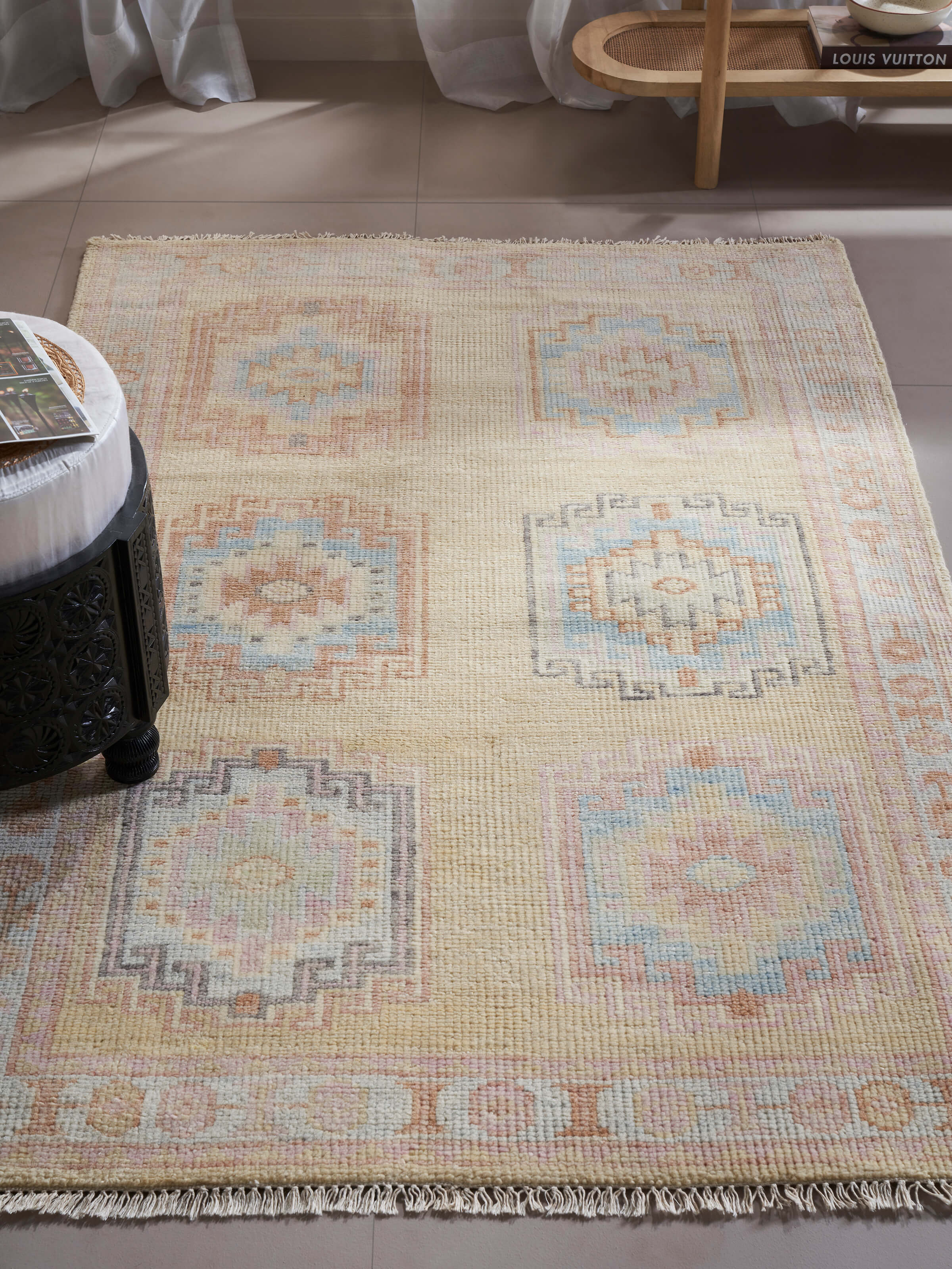 Side view of Traditional Khotan yellow Bhadohi wool hand-knotted rug showcasing intricate design patterns