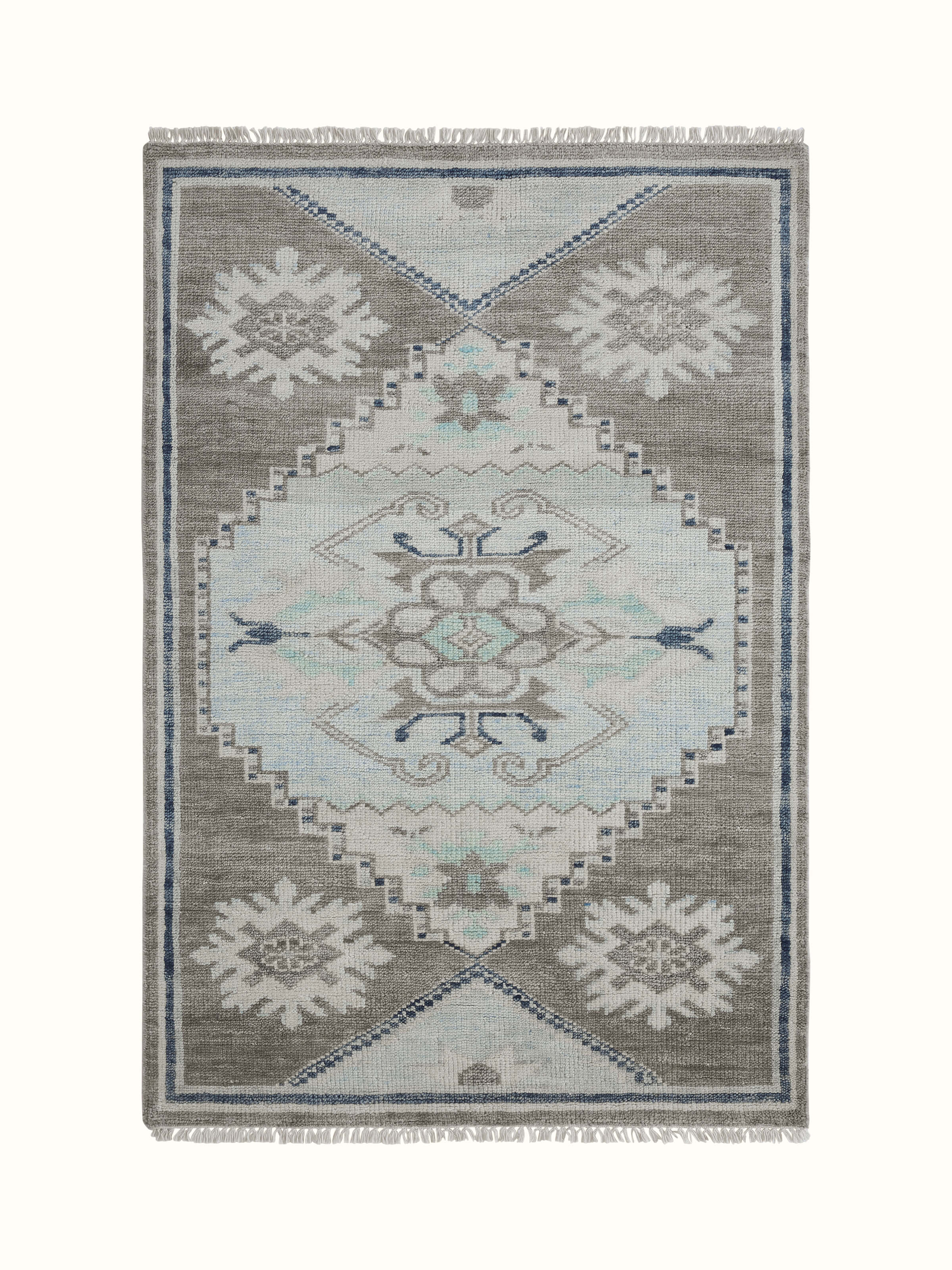 Traditional Oushak Grey Blue Bhadohi Wool Hand-Knotted Rug, full view highlighting its intricate design and color.