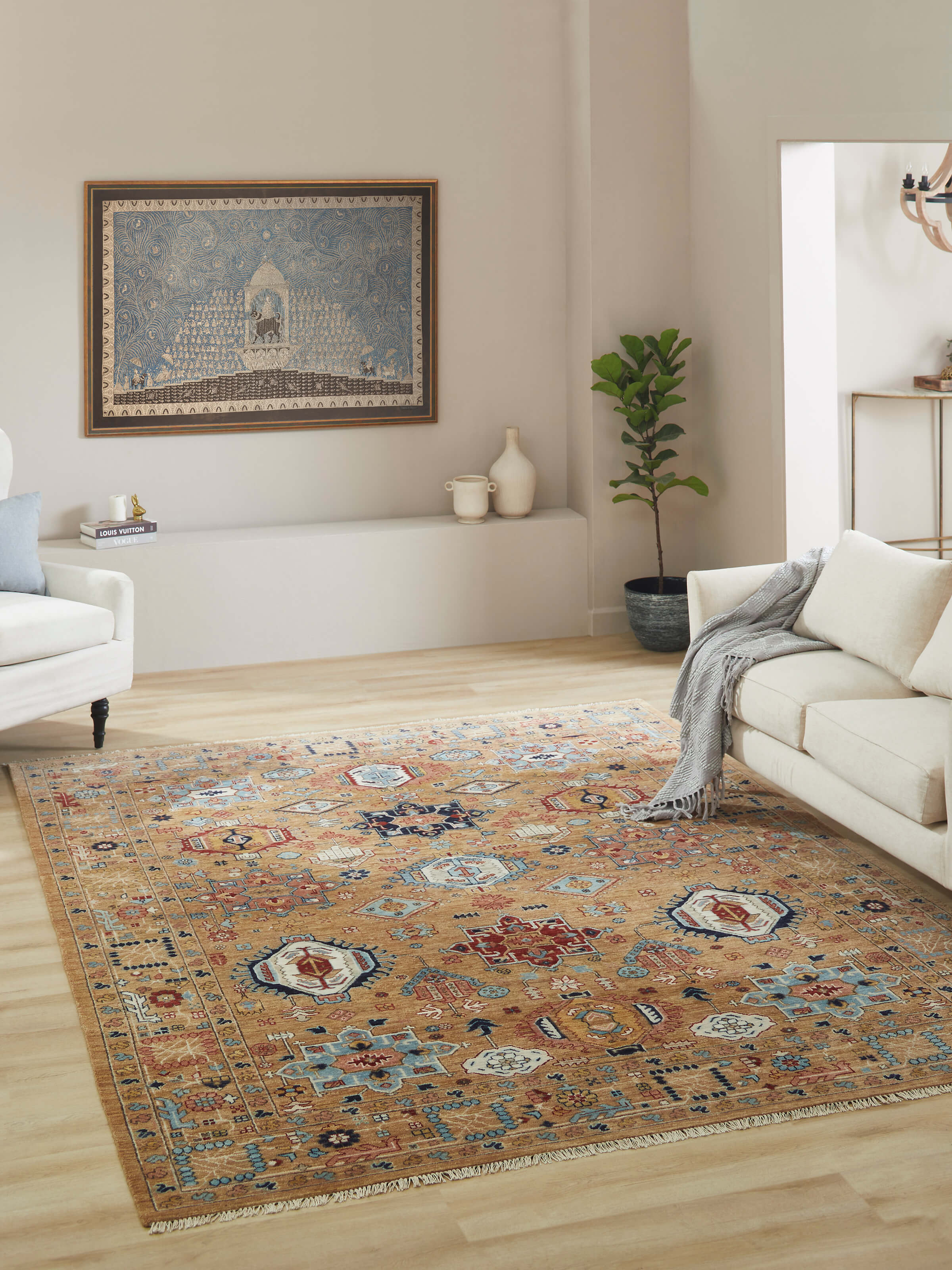 Close-up of Traditional Tabriz beige Bhadohi wool hand-knotted rug