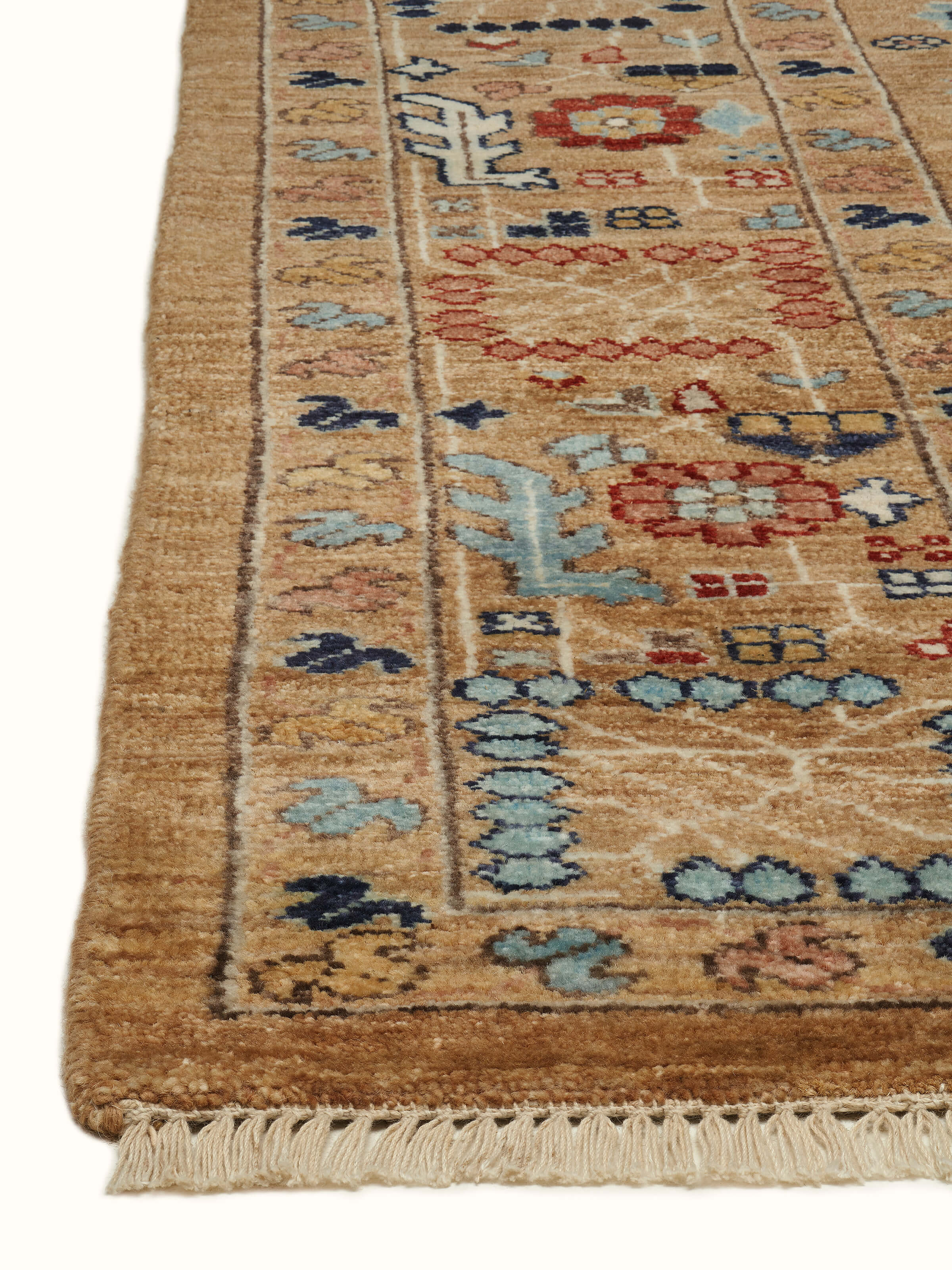 Detailed design of Traditional Tabriz beige Bhadohi wool hand-knotted rug