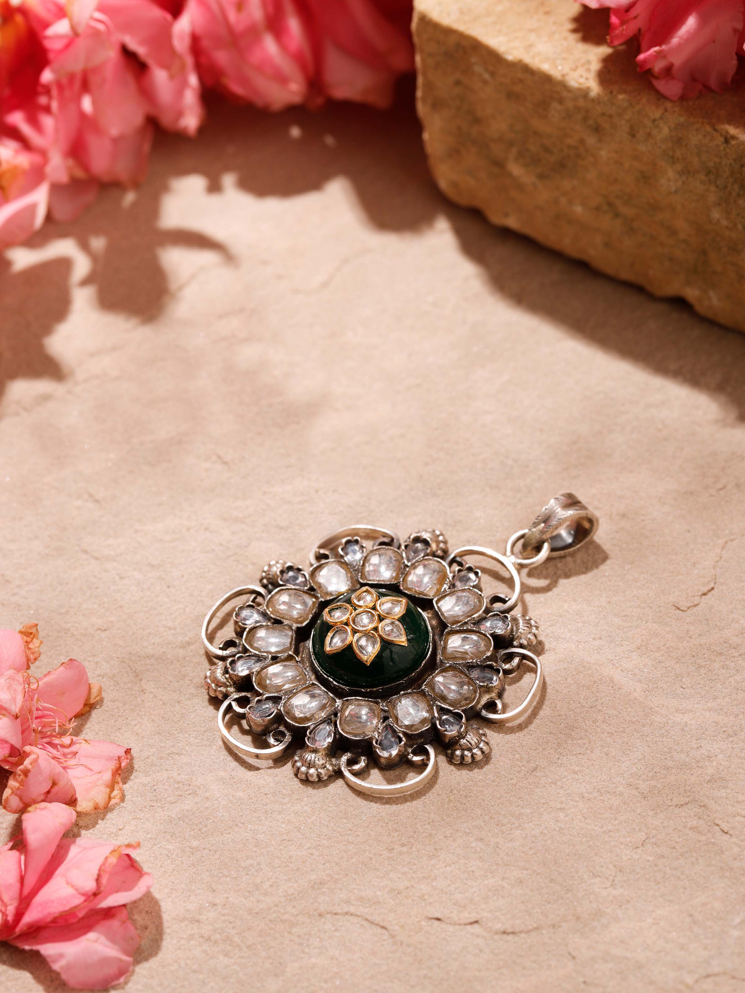 Front view of Silver Smithing Pendant showcasing its elegant design and detailed silverwork.