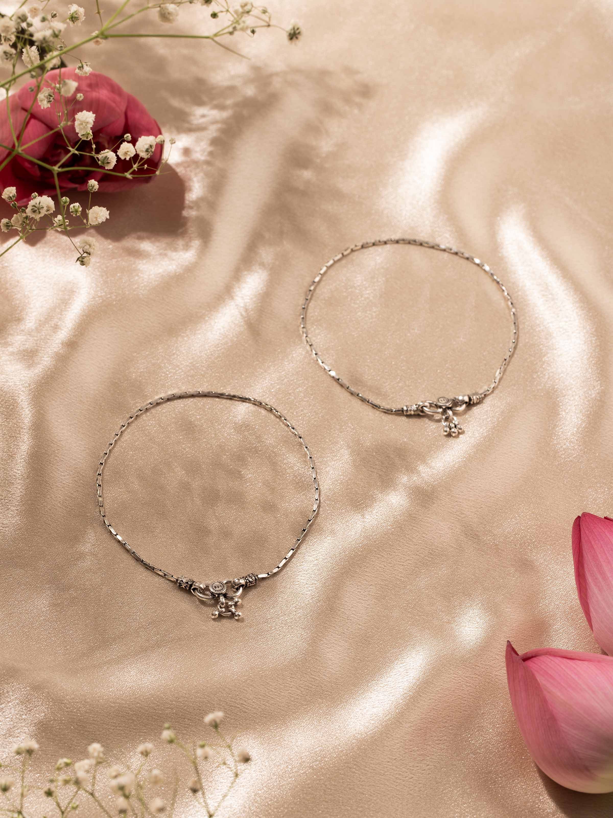Detailed view of Silver Smithing Anklets (2 pcs) emphasizing intricate design by Swadesh