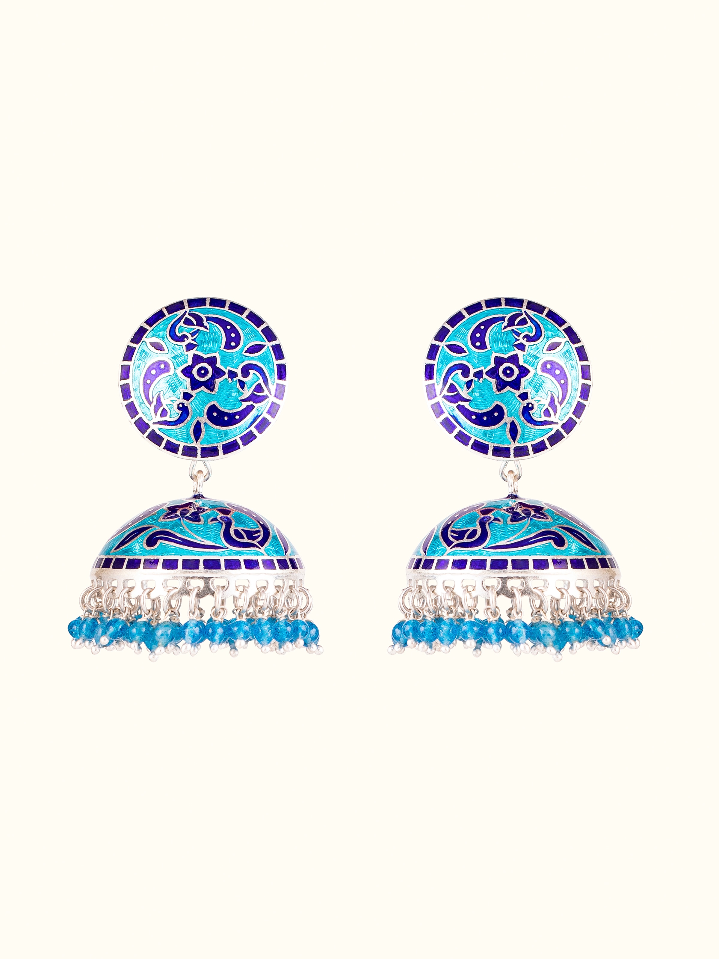Blue Meenakari Silver Jhumkas