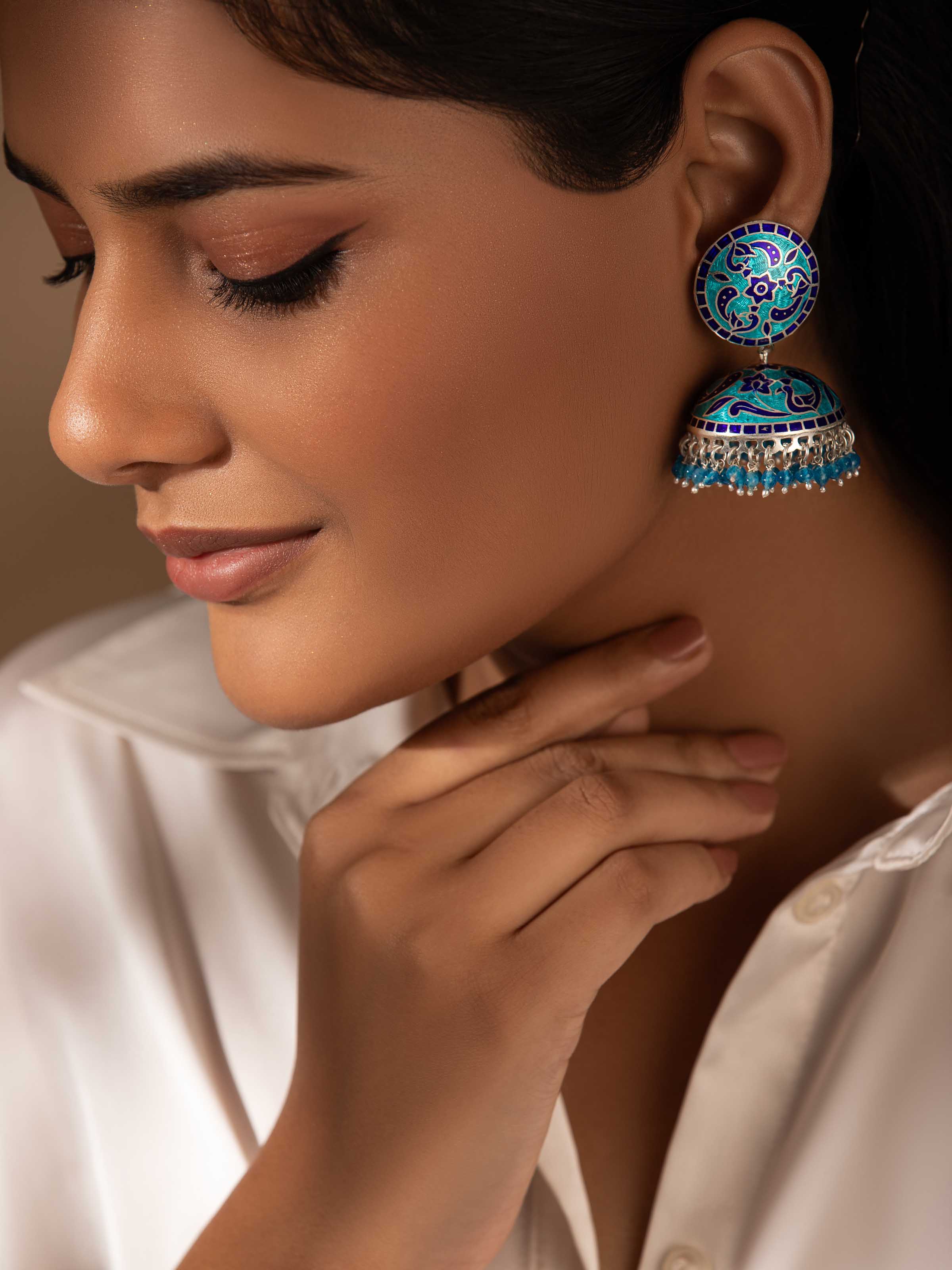 Blue Meenakari Silver Jhumkas