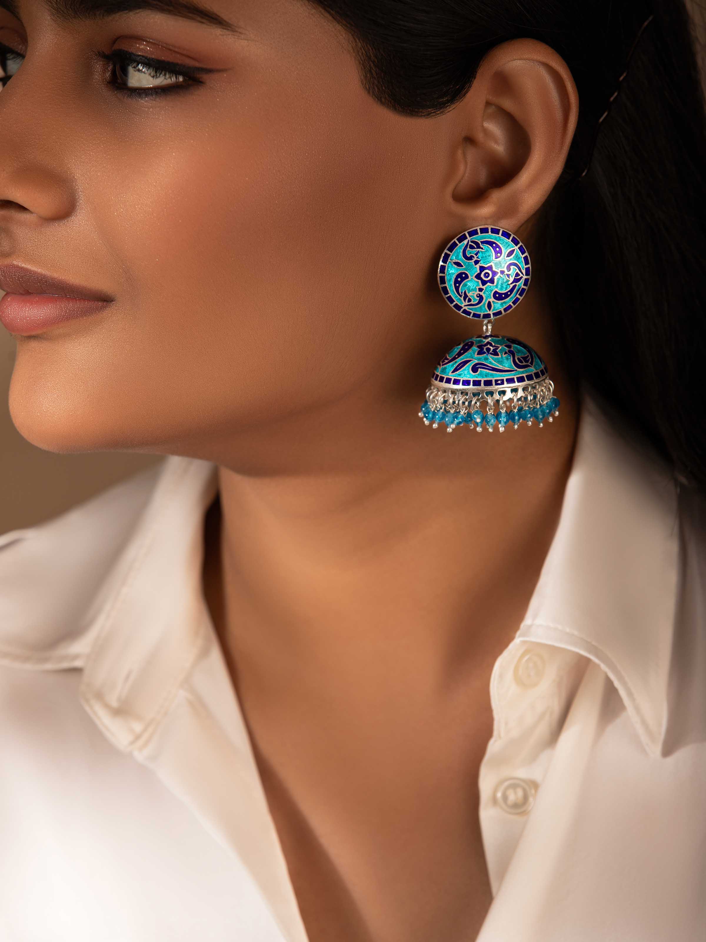 Blue Meenakari Silver Jhumkas