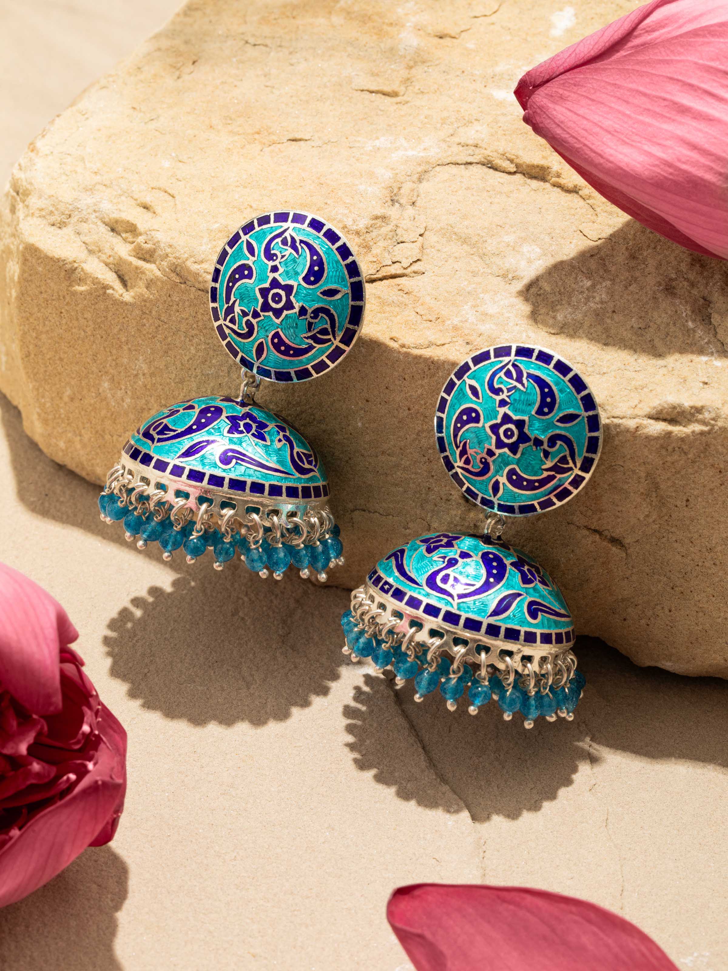 Blue Meenakari Silver Jhumkas