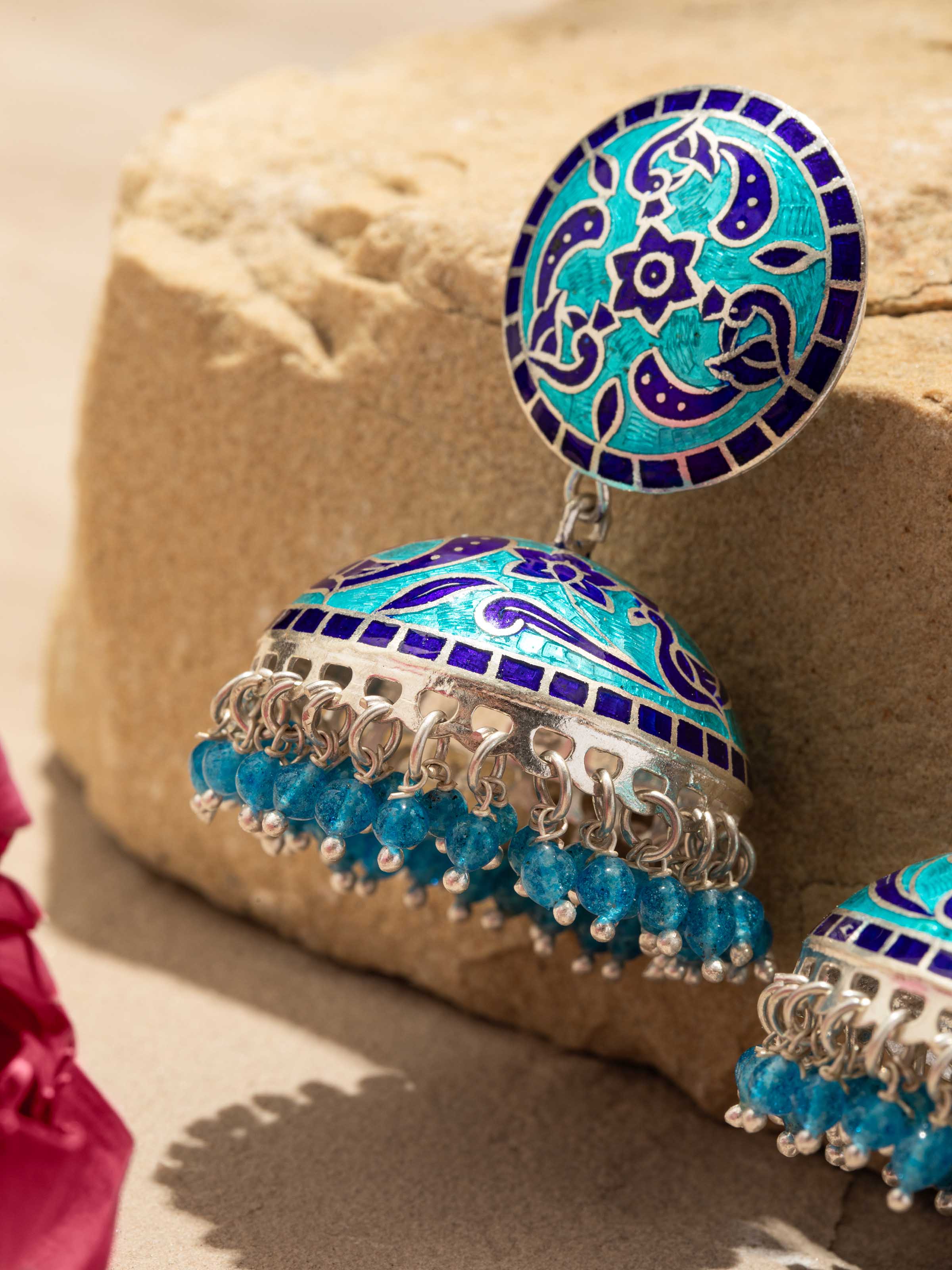Blue Meenakari Silver Jhumkas