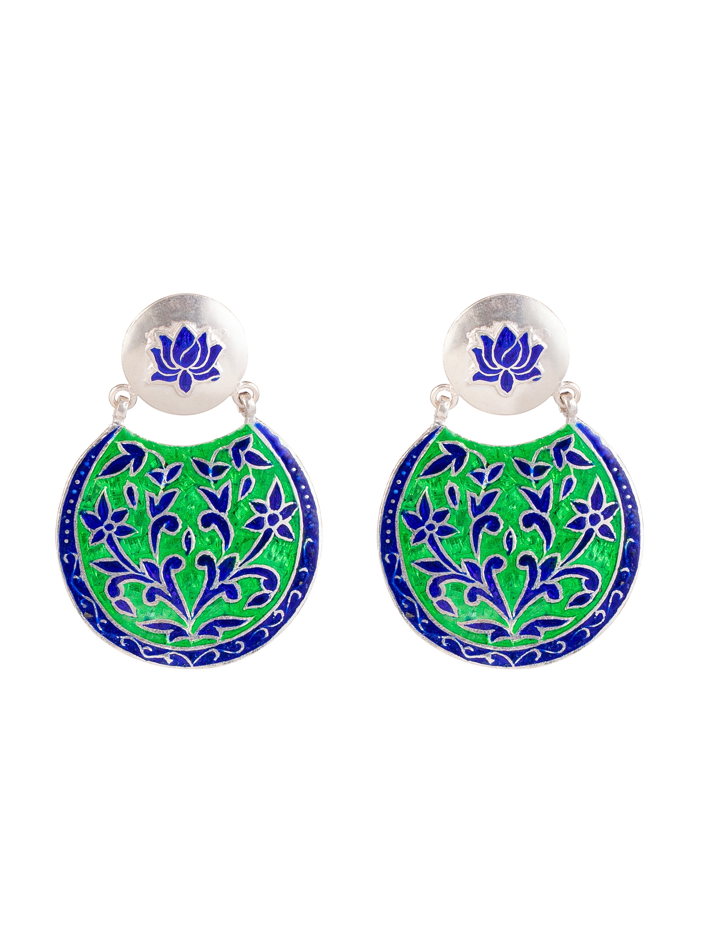 Front view of Blue Meenakari Silver Drop Earrings featuring vibrant blue enamel and intricate silver detailing.