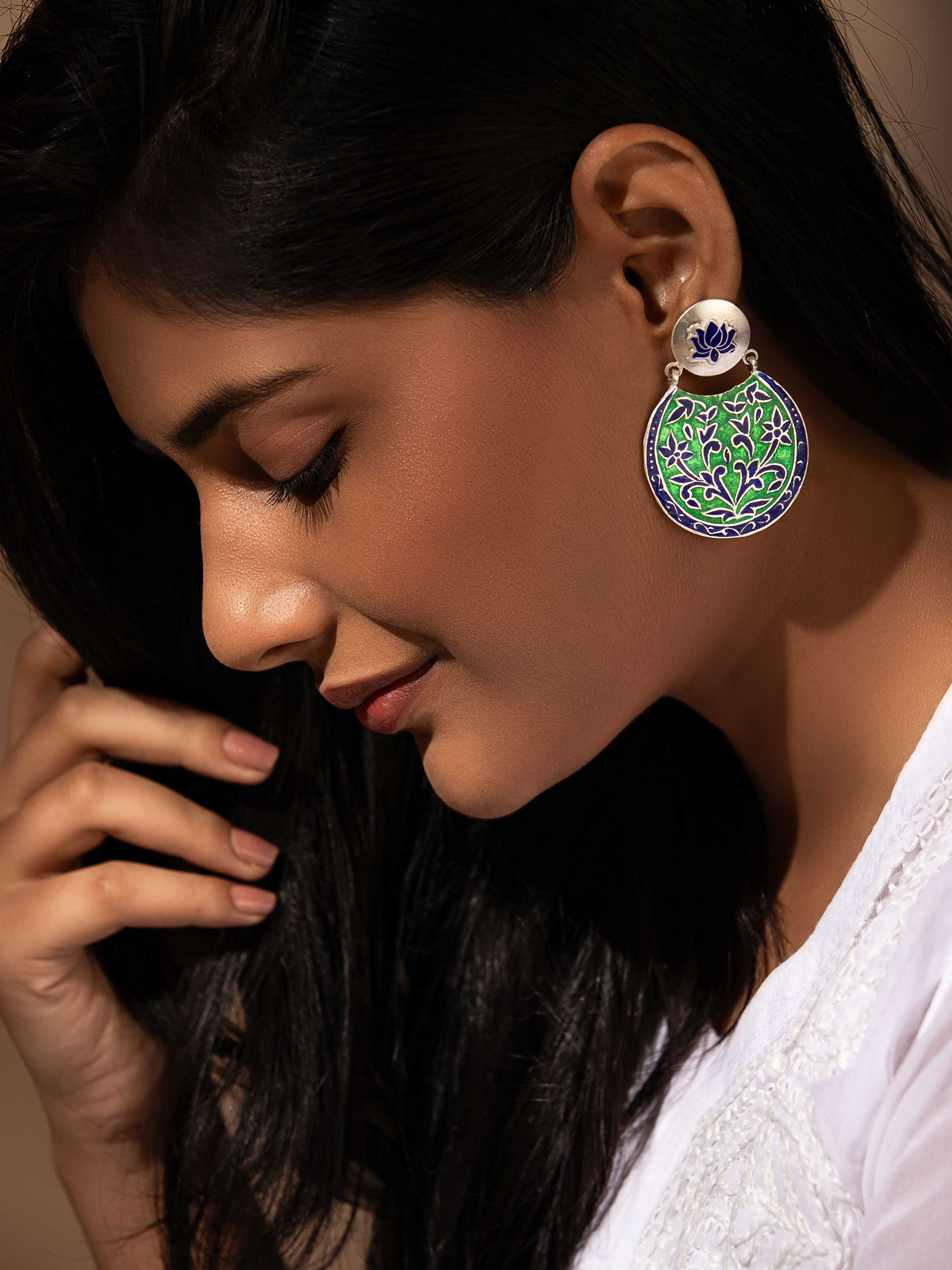 Close-up of Blue Meenakari Silver Drop Earrings highlighting the detailed enamel work and elegant design.