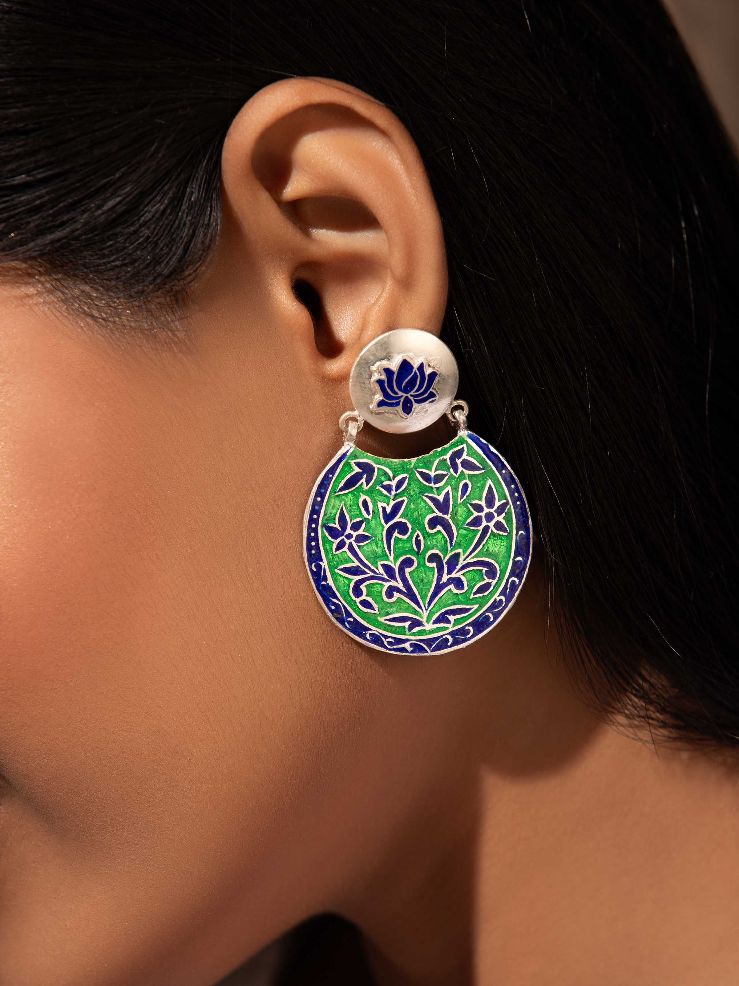 Side view of Blue Meenakari Silver Drop Earrings showcasing the detailed craftsmanship and enamel finish.