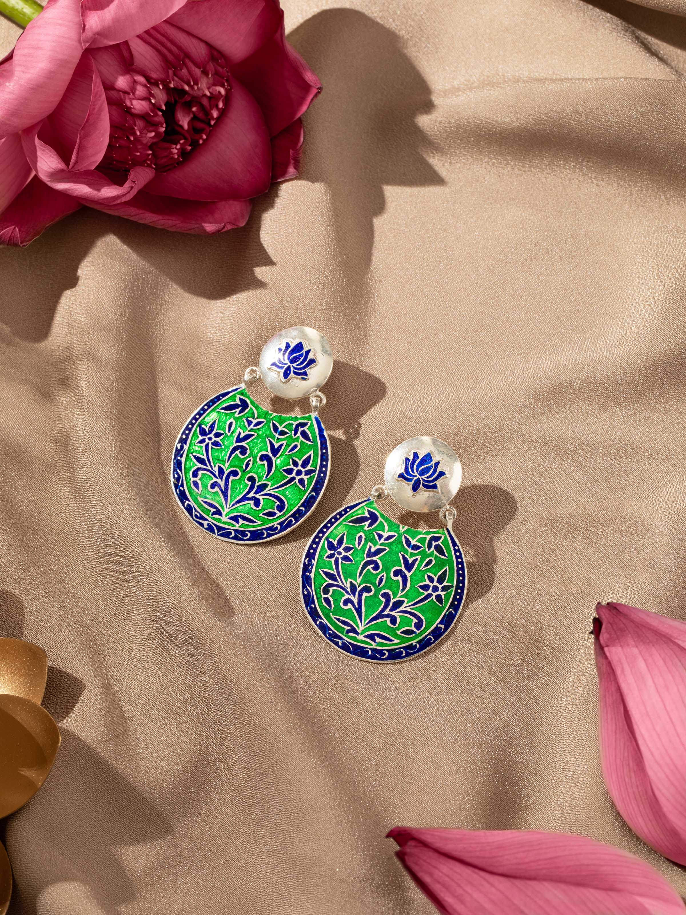 Overhead view of Blue Meenakari Silver Drop Earrings emphasizing the complete design and enamel detailing.