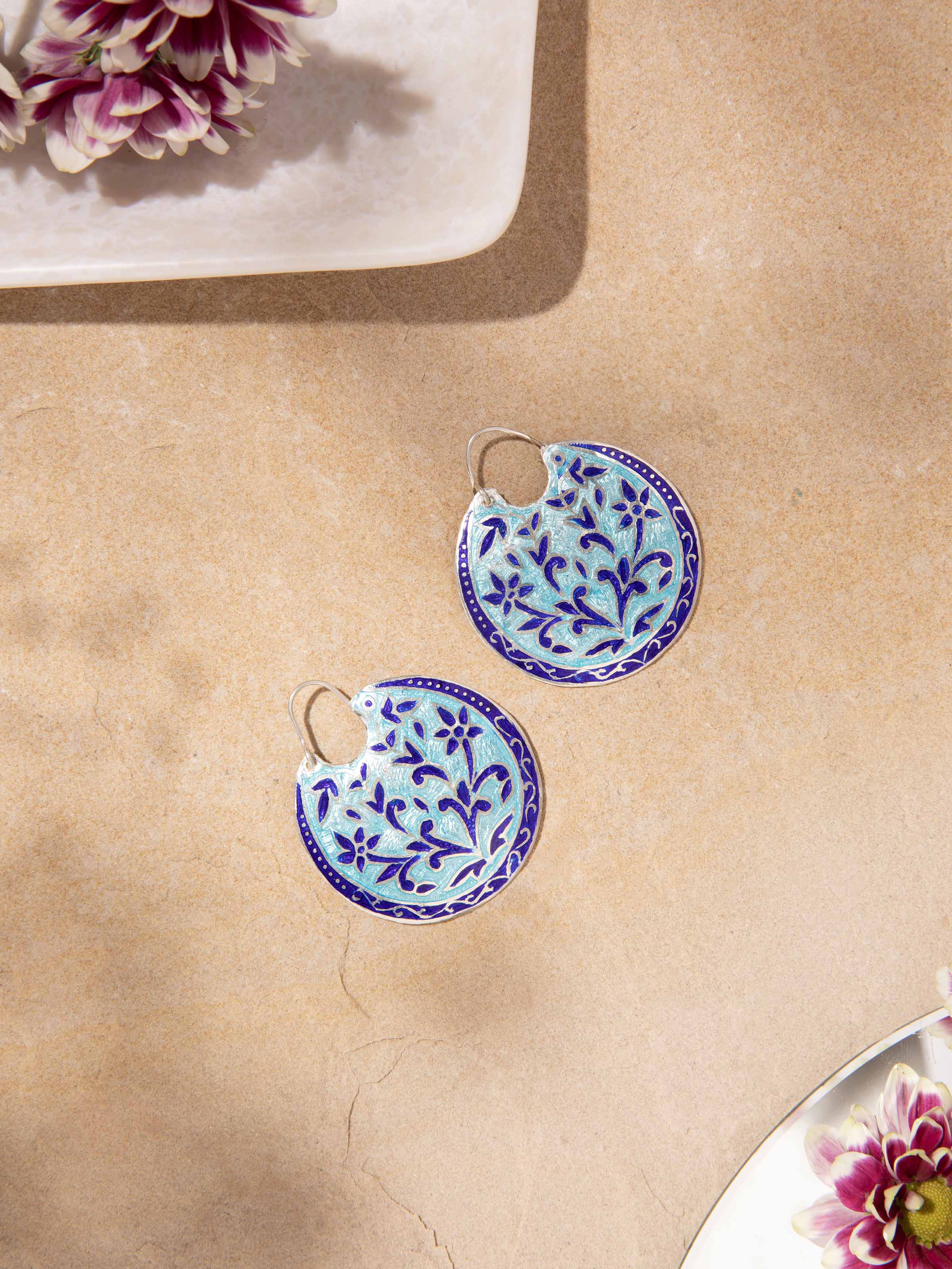 Blue Meenakari Silver Hoop Earrings