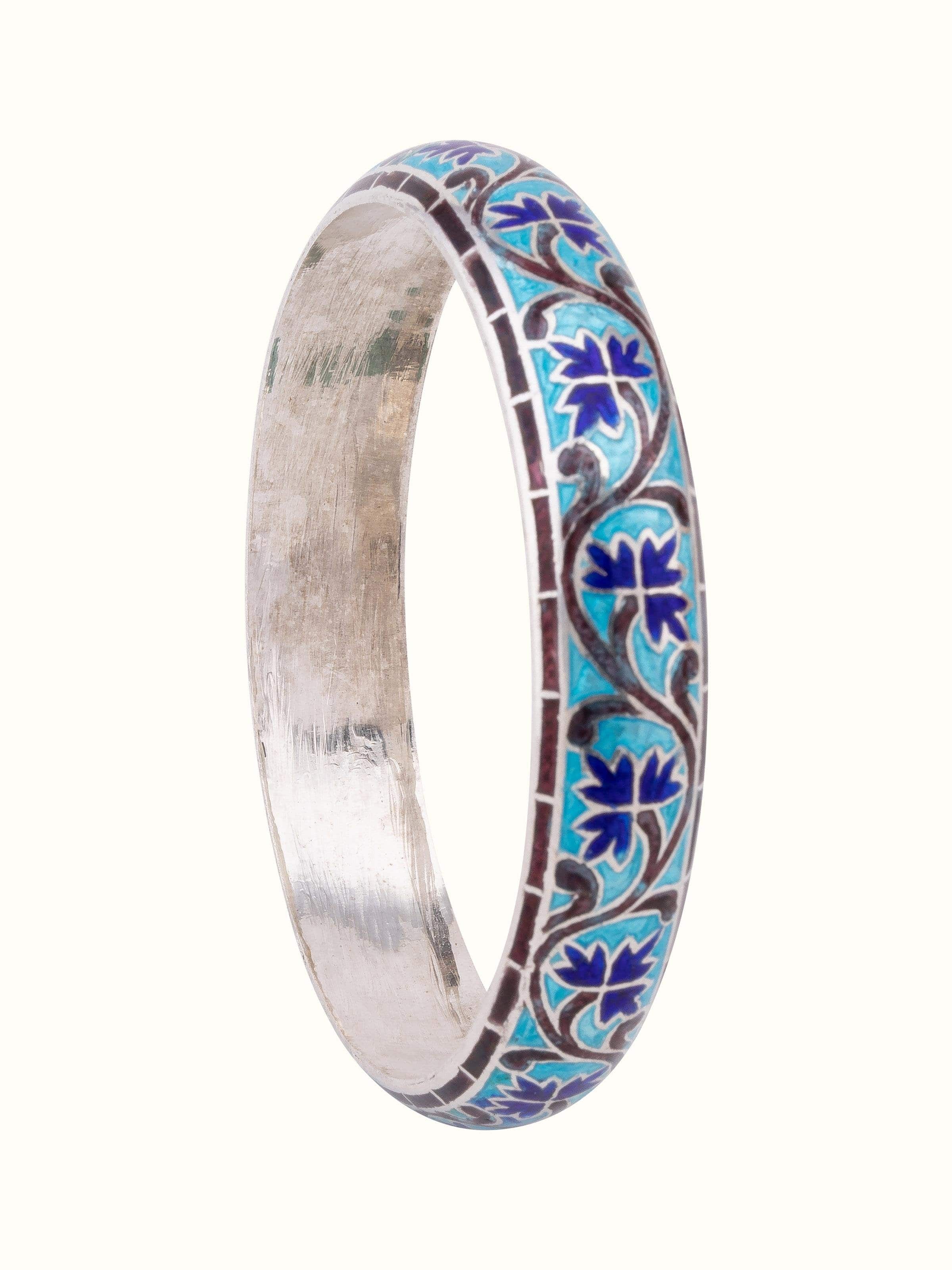 Front view of Blue Meenakari Silver Bangles featuring vibrant blue enamel with intricate silver detailing.