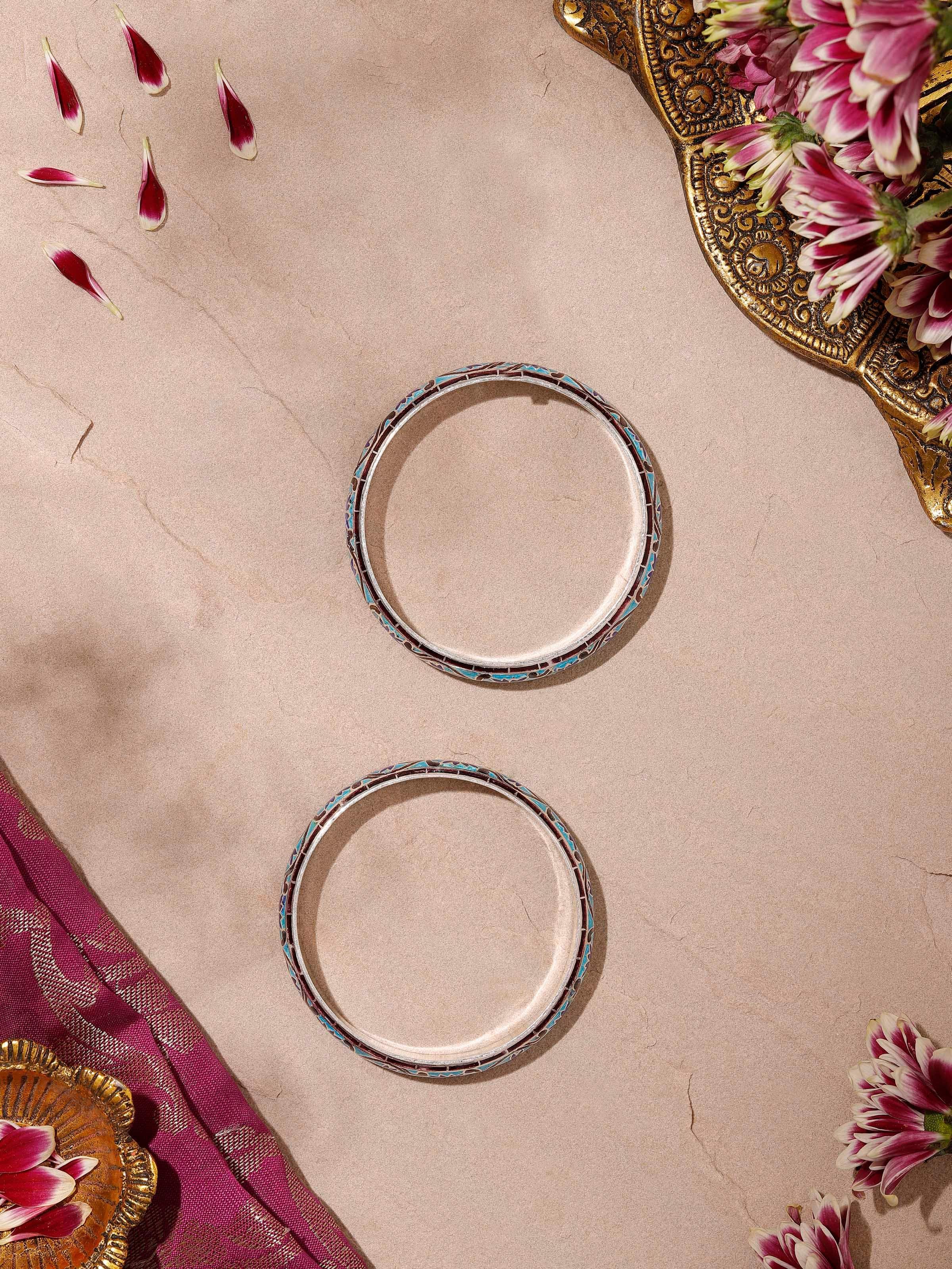 Side view of Blue Meenakari Silver Bangles displaying the delicate craftsmanship and elegant blue enamel.
