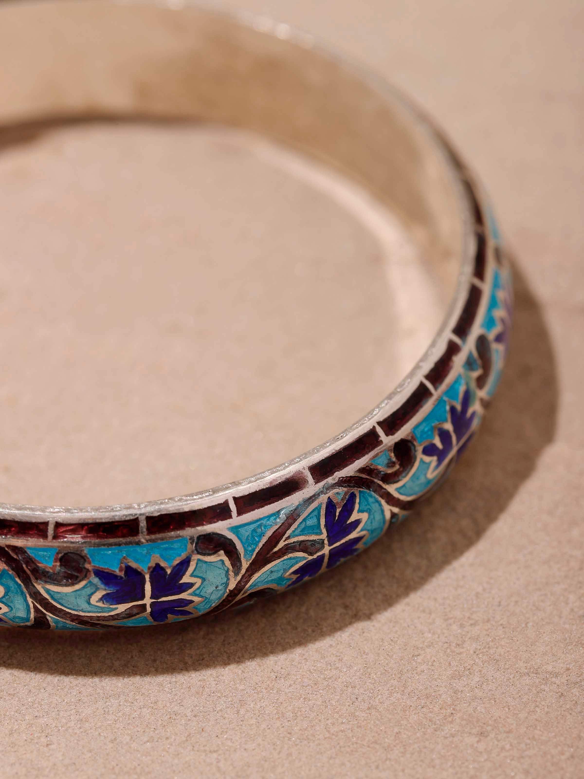 Detailed side view of Blue Meenakari Silver Bangles emphasizing the refined craftsmanship and vibrant color.