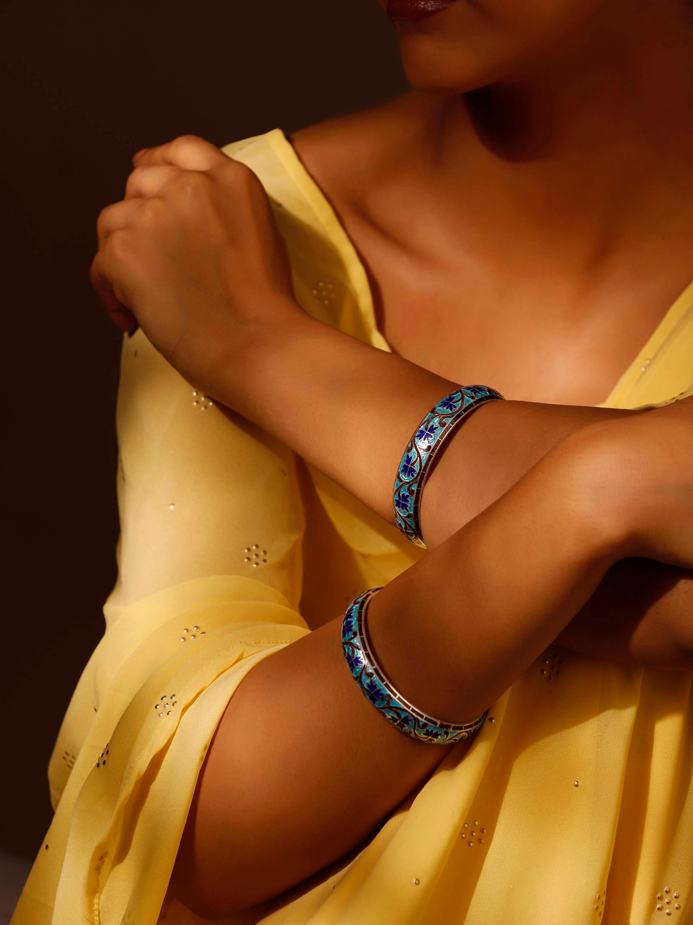 Blue Meenakari Silver Bangles (2 Pcs)