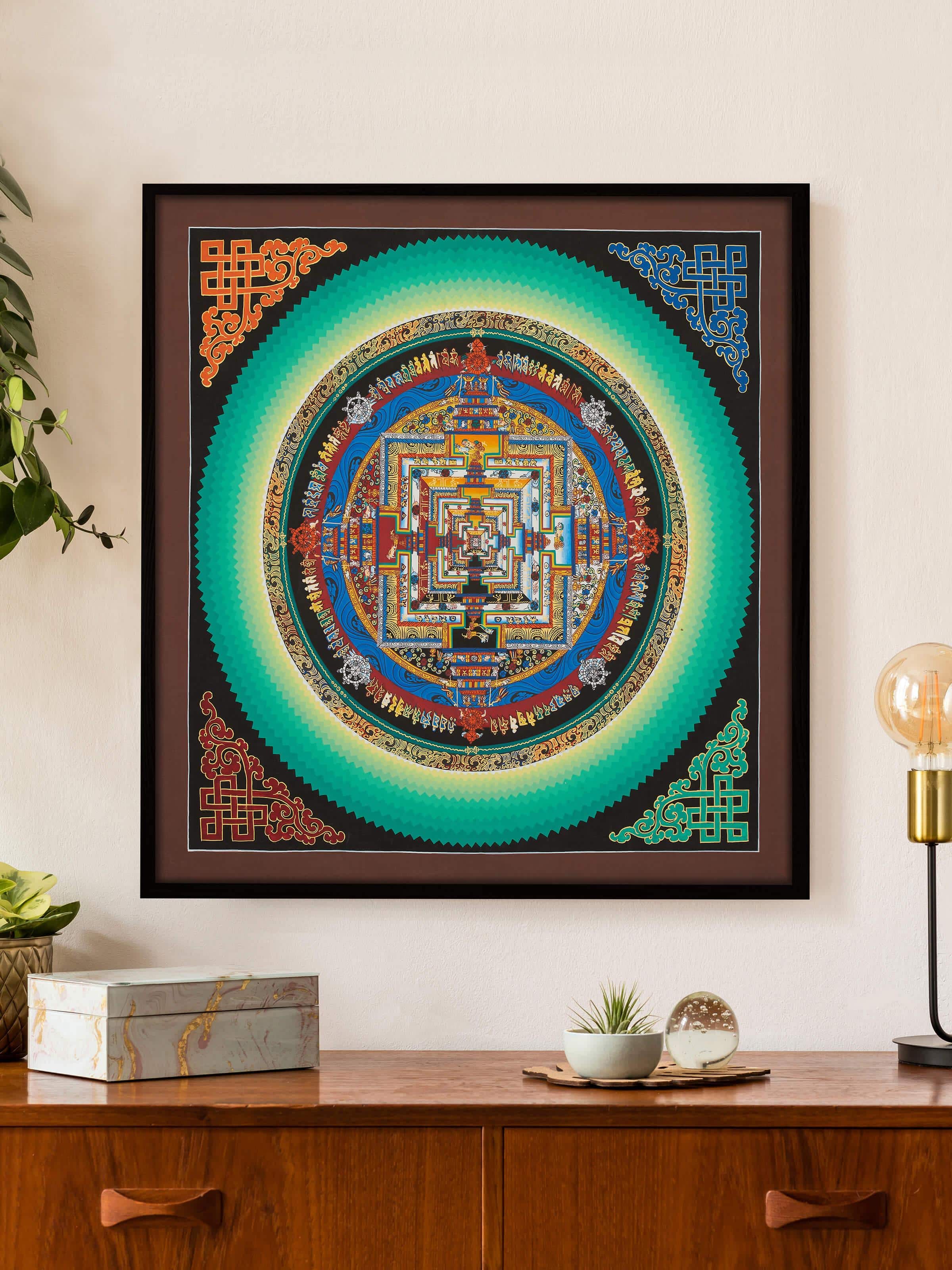 Side view of Thangka Mandala Painting, emphasizing the depth and texture of the artwork.