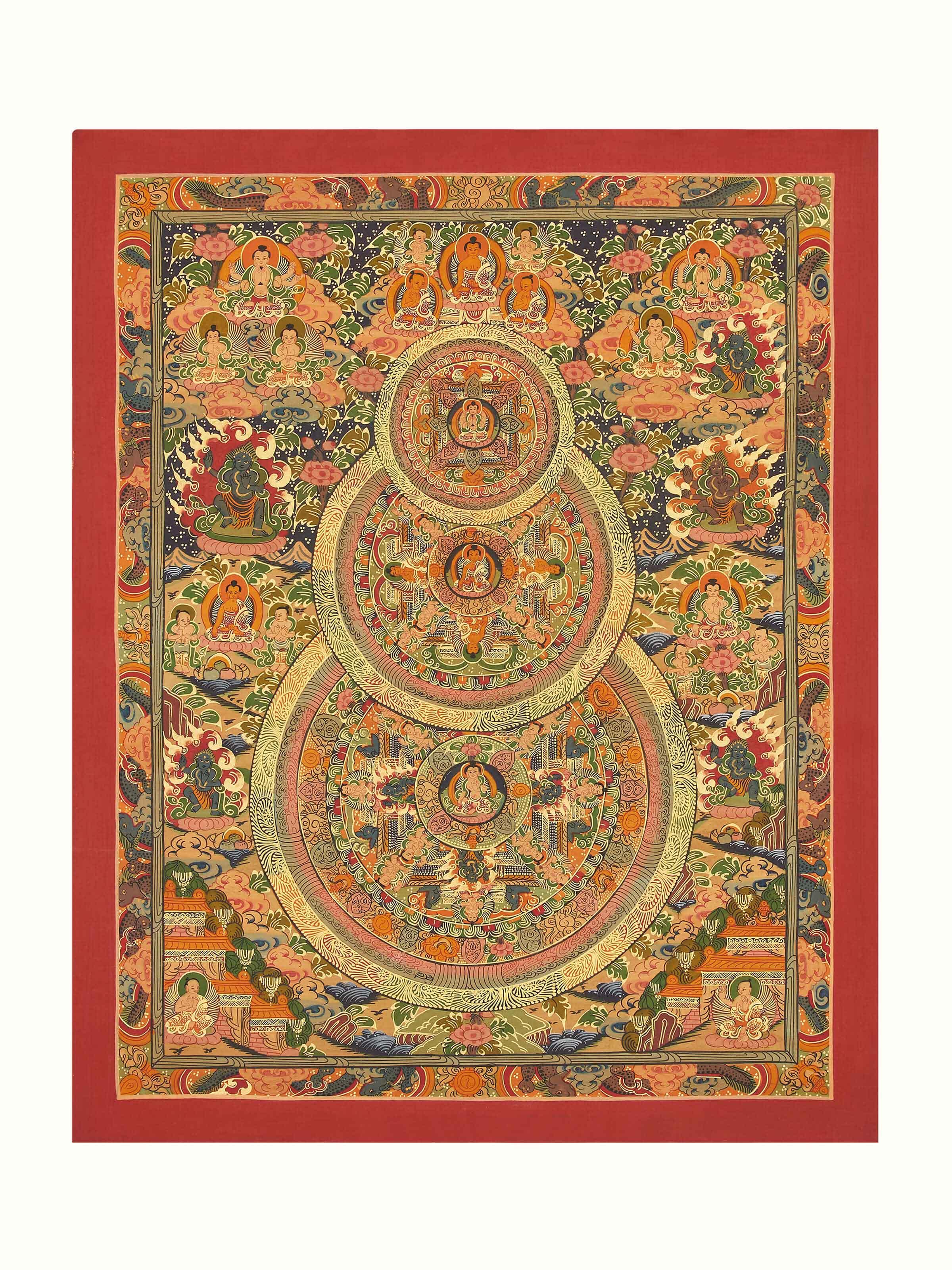 Front view of Thangka Mandala Painting featuring vibrant colors and intricate mandala design.