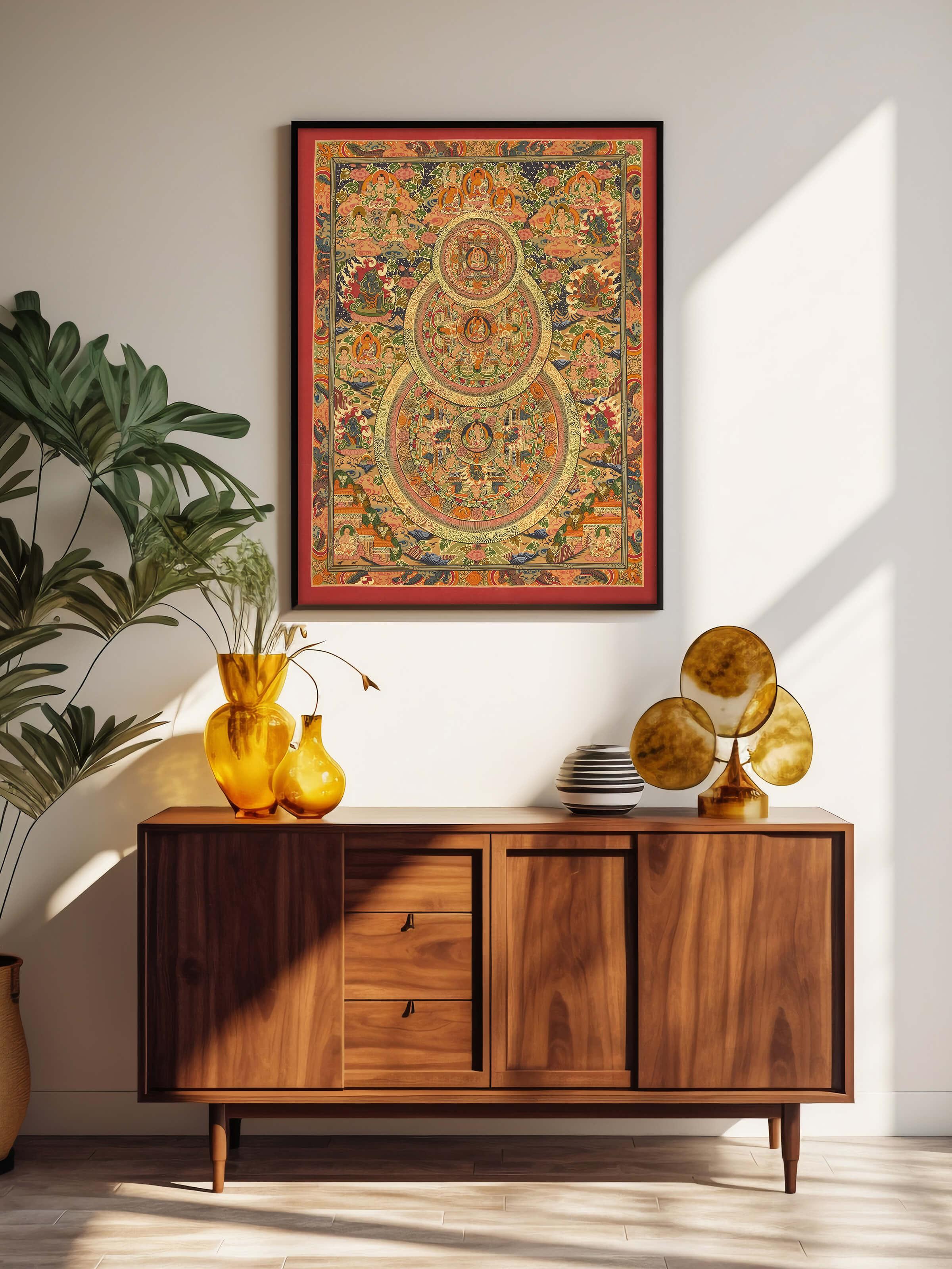 Side view of Thangka Mandala Painting showcasing detailed mandala patterns and artistic elements.