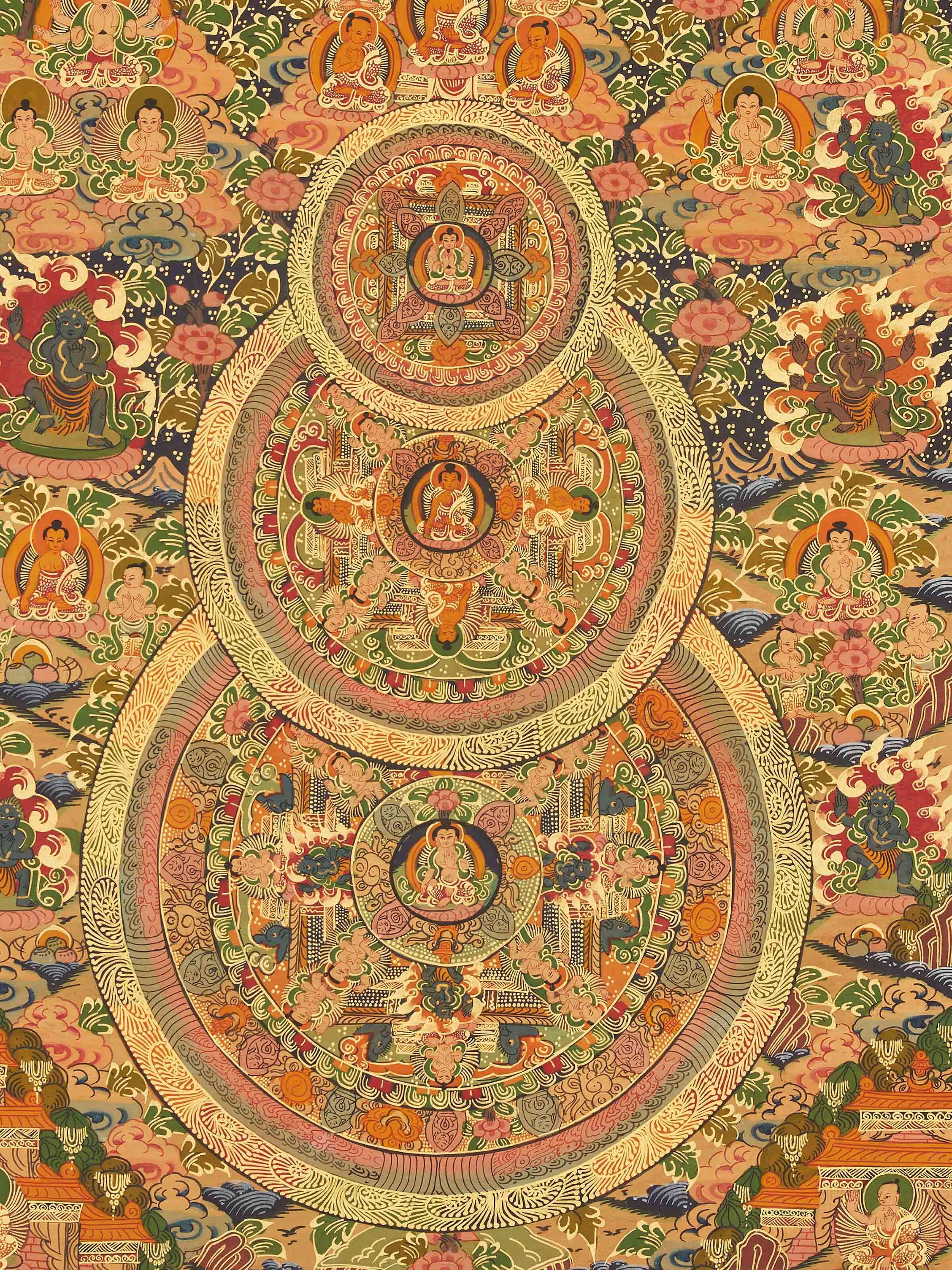 Close-up view of Thangka Mandala Painting emphasizing fine details and craftsmanship.