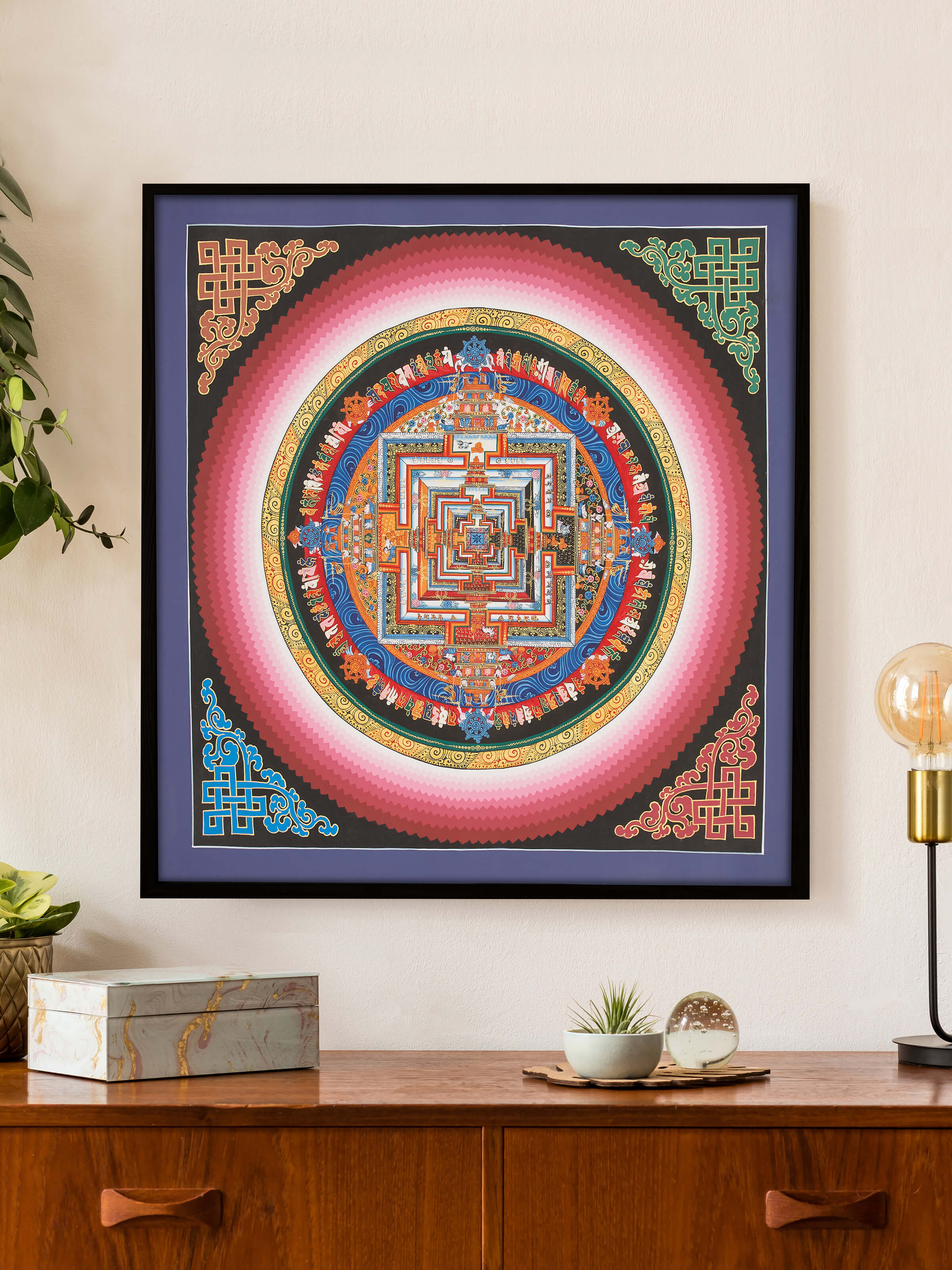 Close-up of Thangka mandala painting highlighting fine details and textures