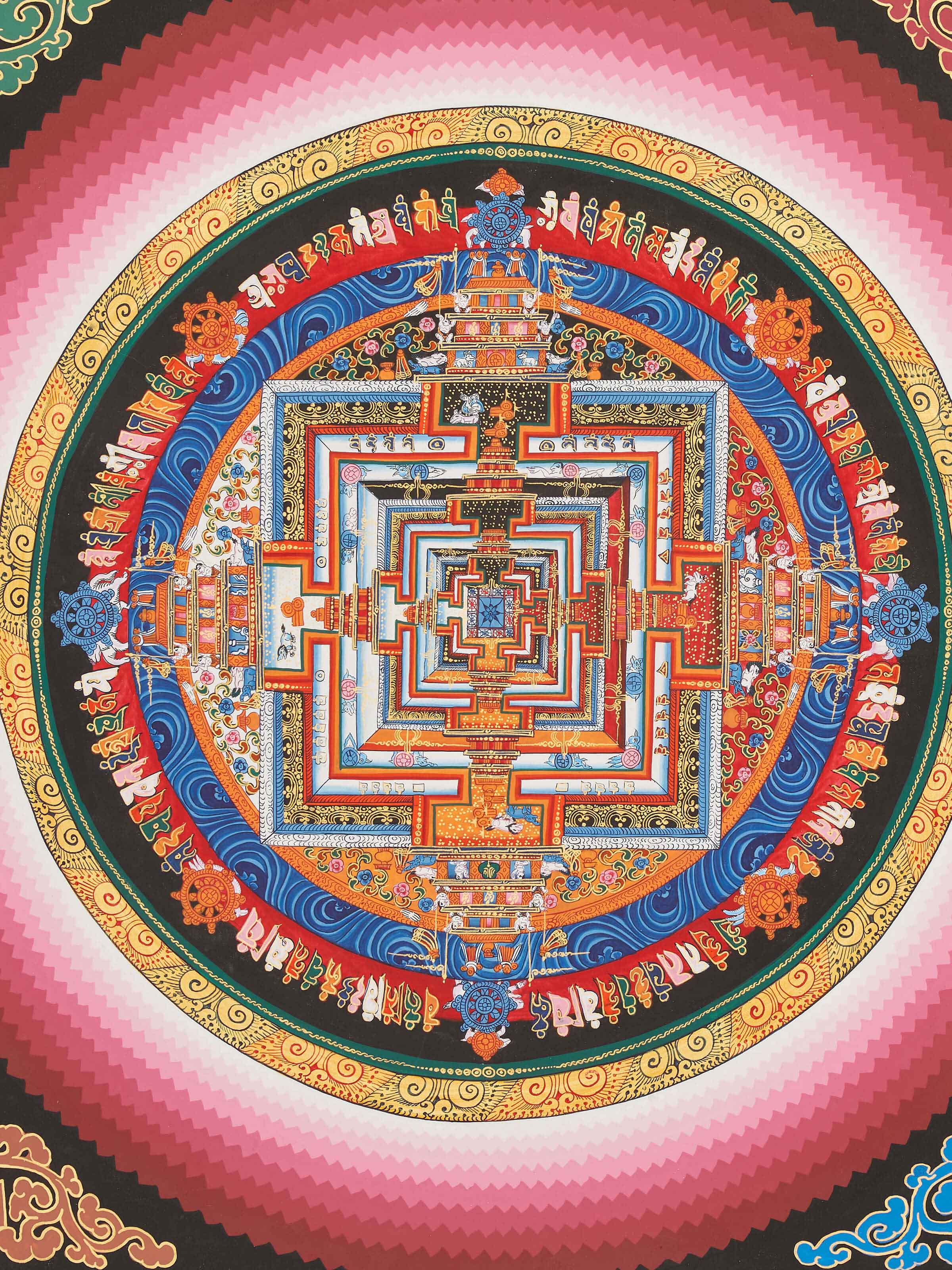 Side view of Thangka mandala painting emphasizing its traditional design