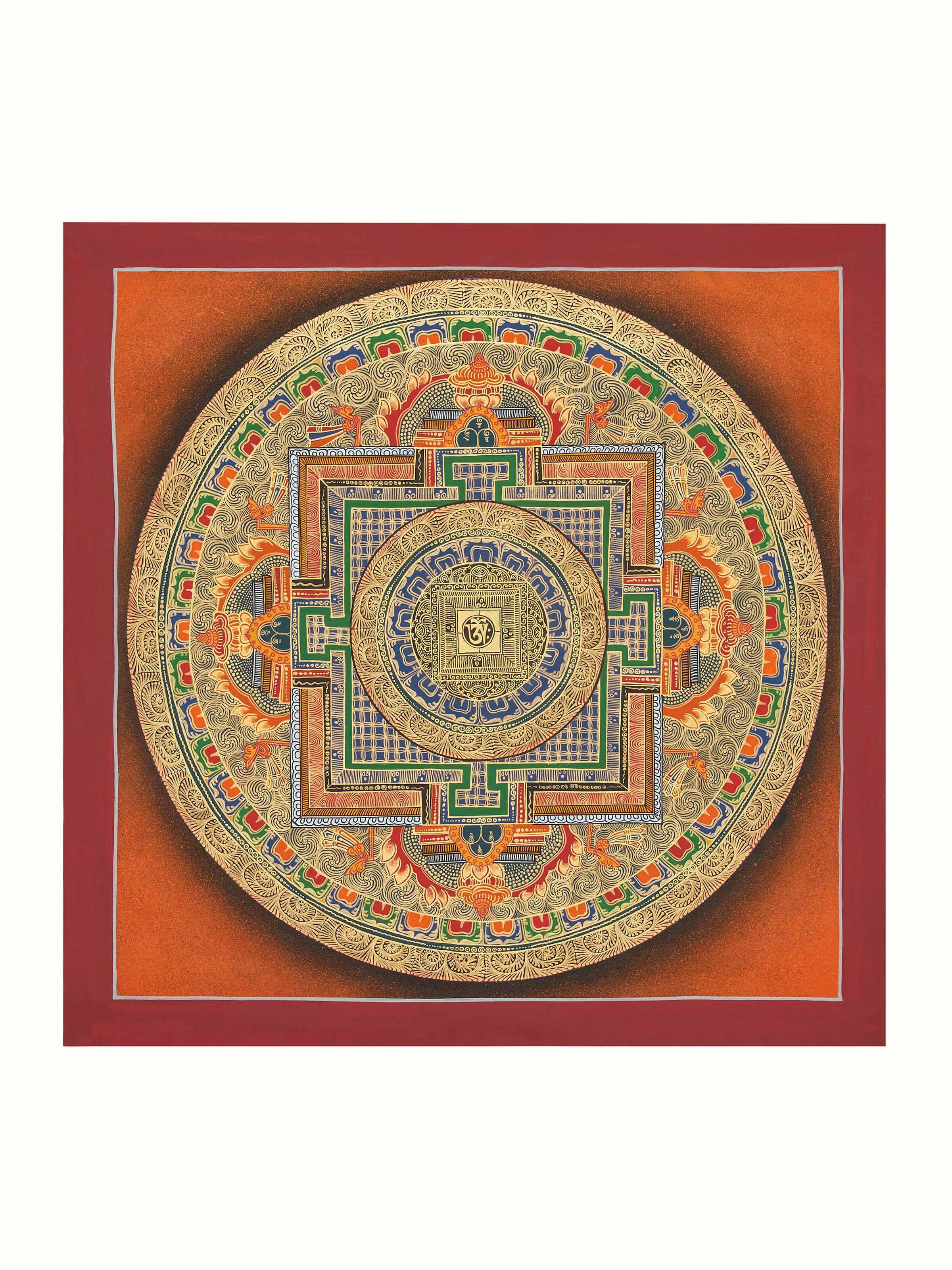 Front view of Thangka Mandala Painting displaying intricate mandala patterns and vibrant colors