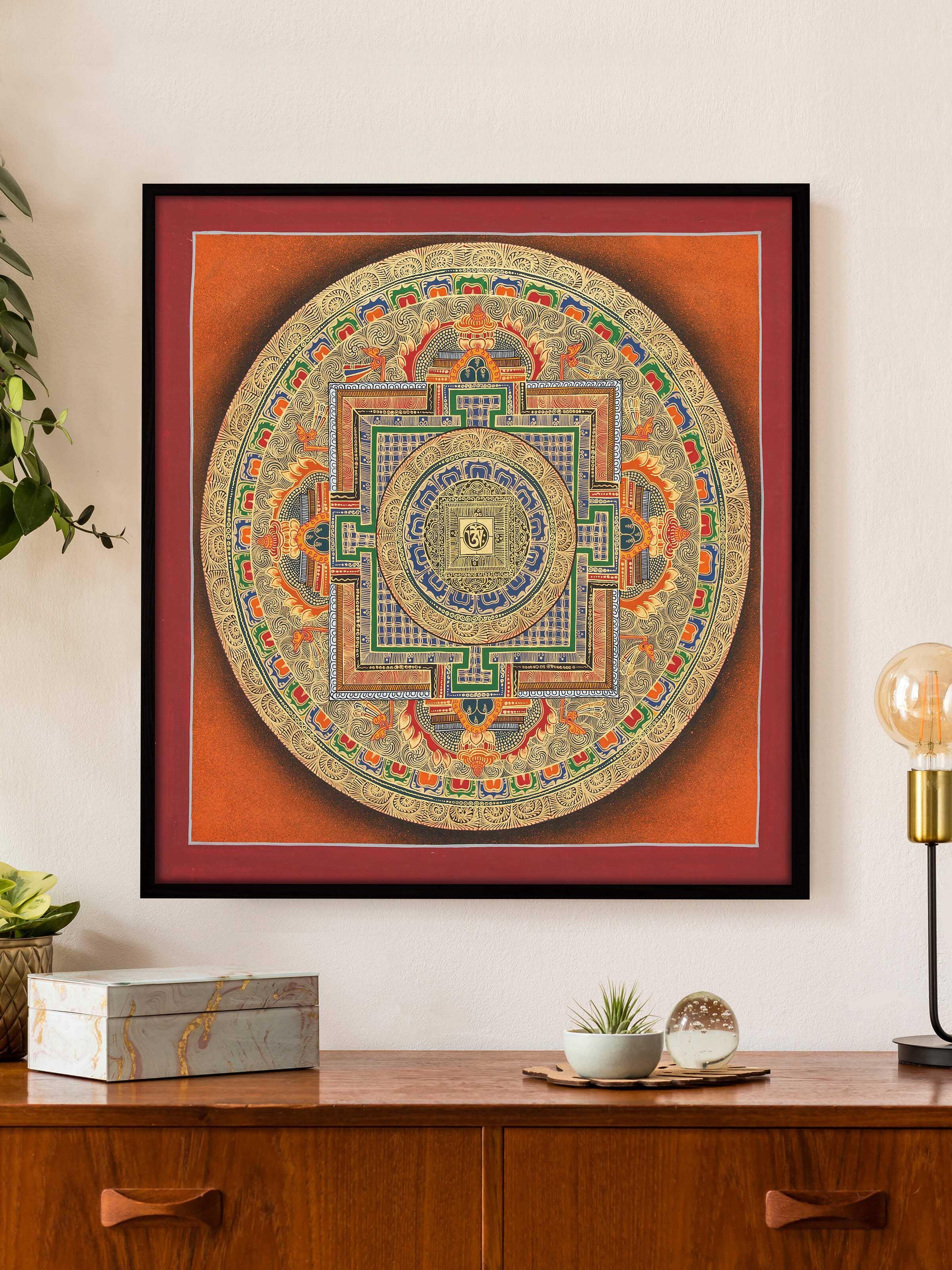 Side angle of Thangka Mandala Painting emphasizing the detailed mandala design and traditional style