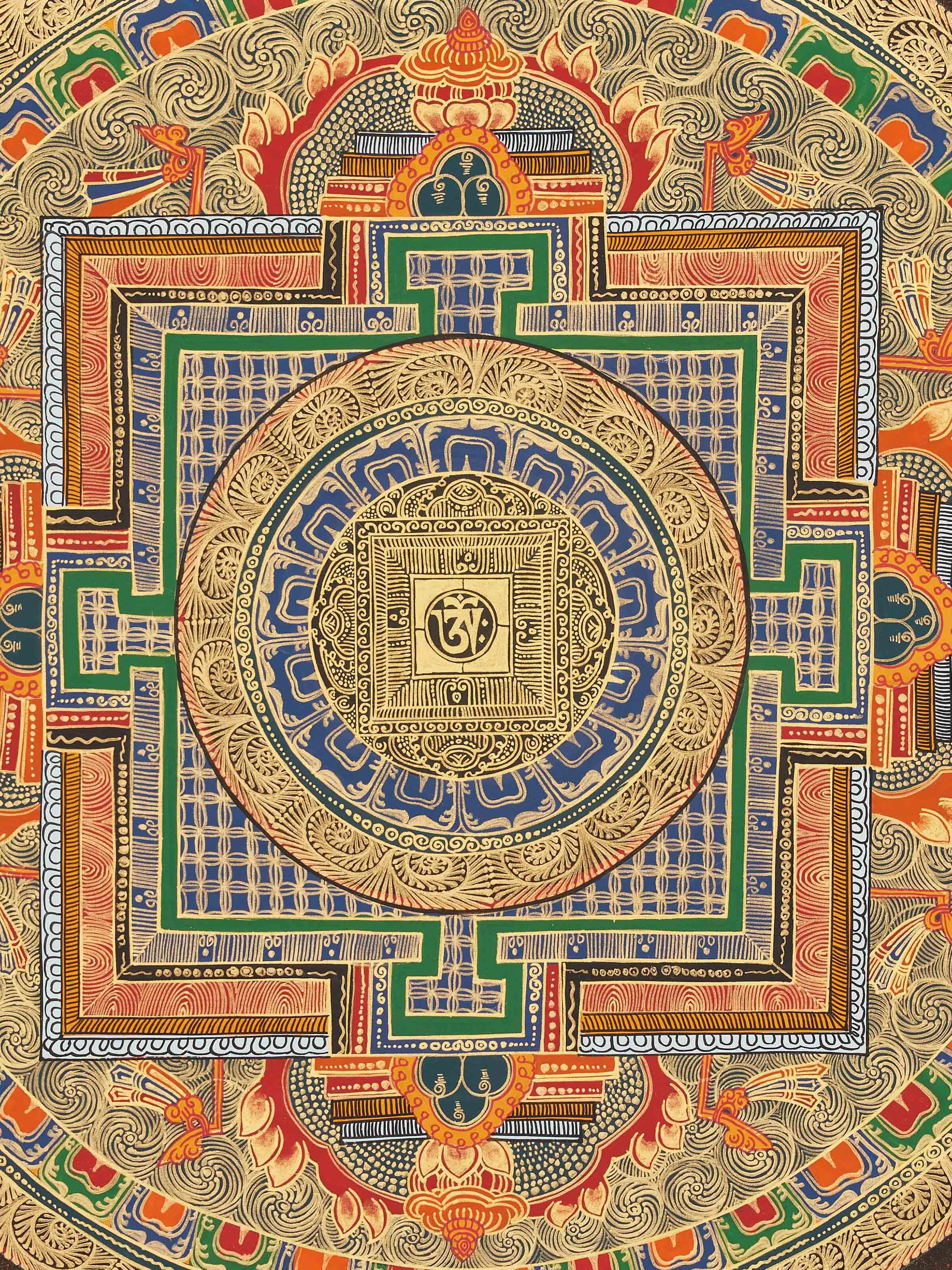 Detailed close-up of Thangka Mandala Painting focusing on the complex mandala patterns and fine details