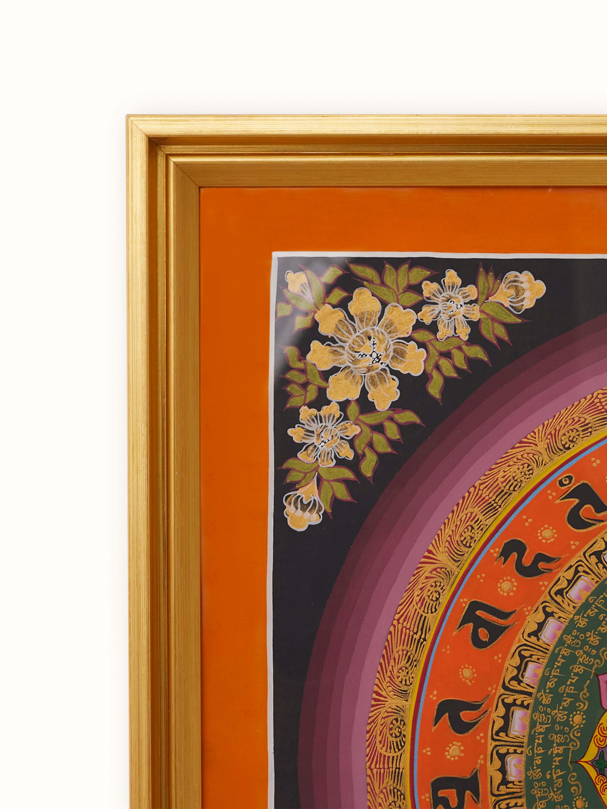 Close-up of Thangka Wheel of Life Painting showcasing the detailed artistry and vibrant hues