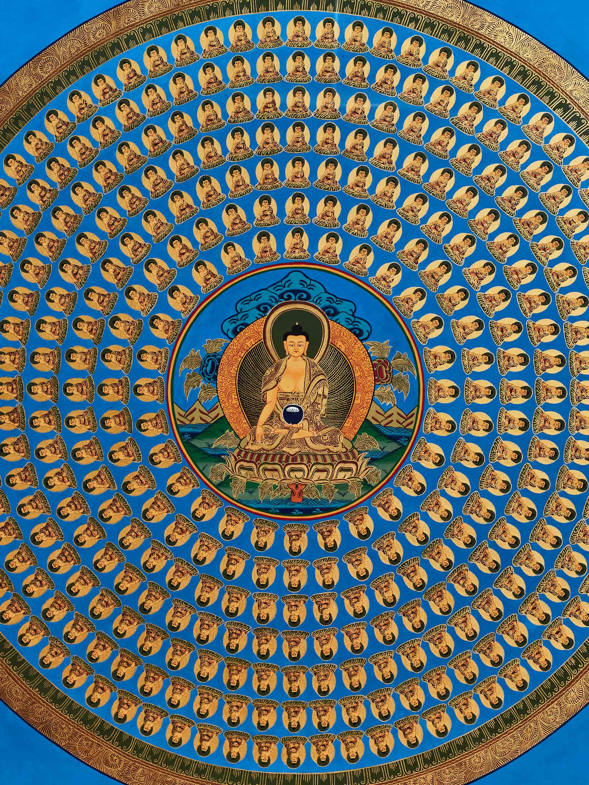 Close-up view of Thangka 365 Buddha painting, emphasizing intricate details and textures.