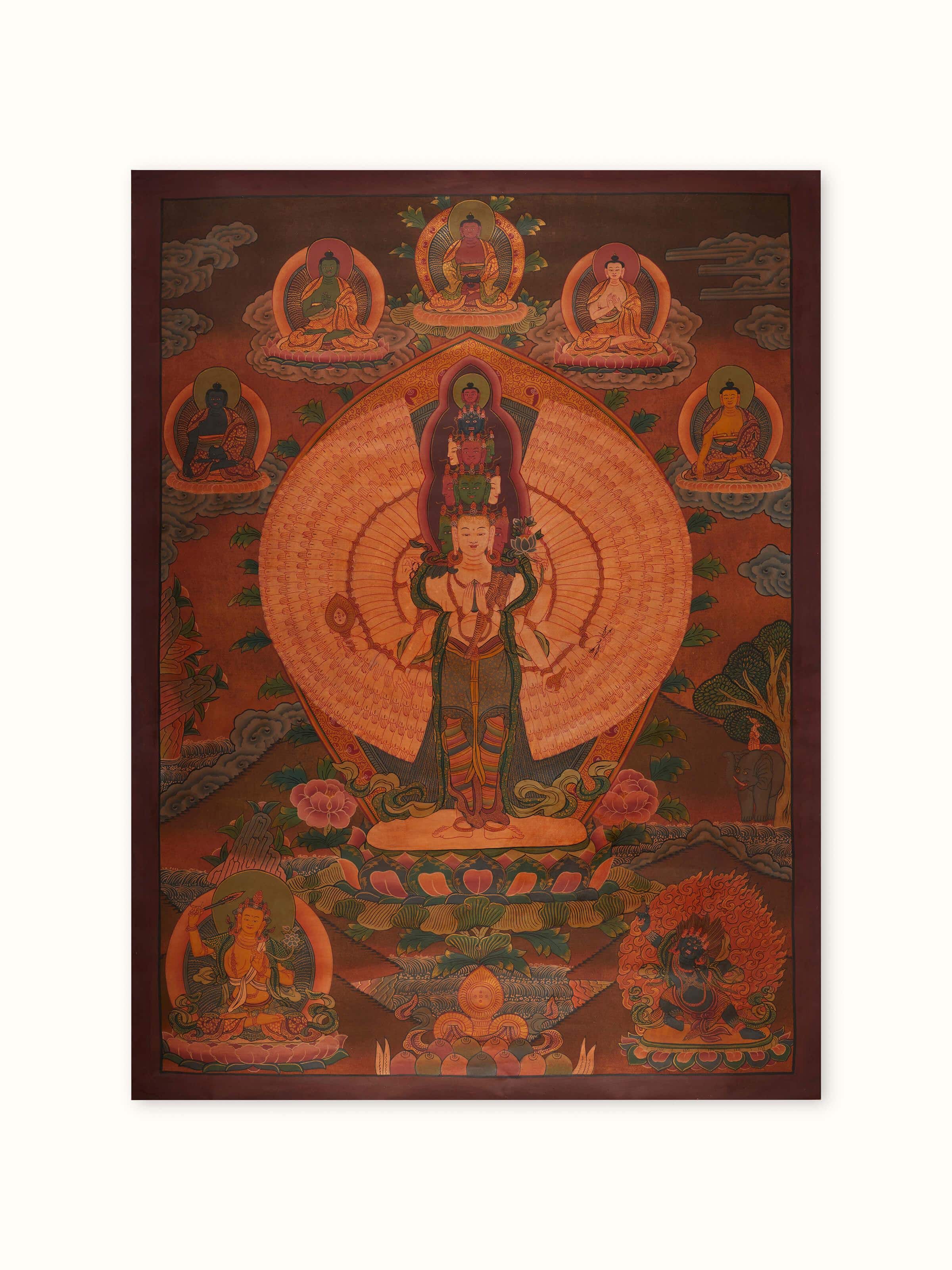 Front view of Thangka mandala painting featuring intricate mandala design.