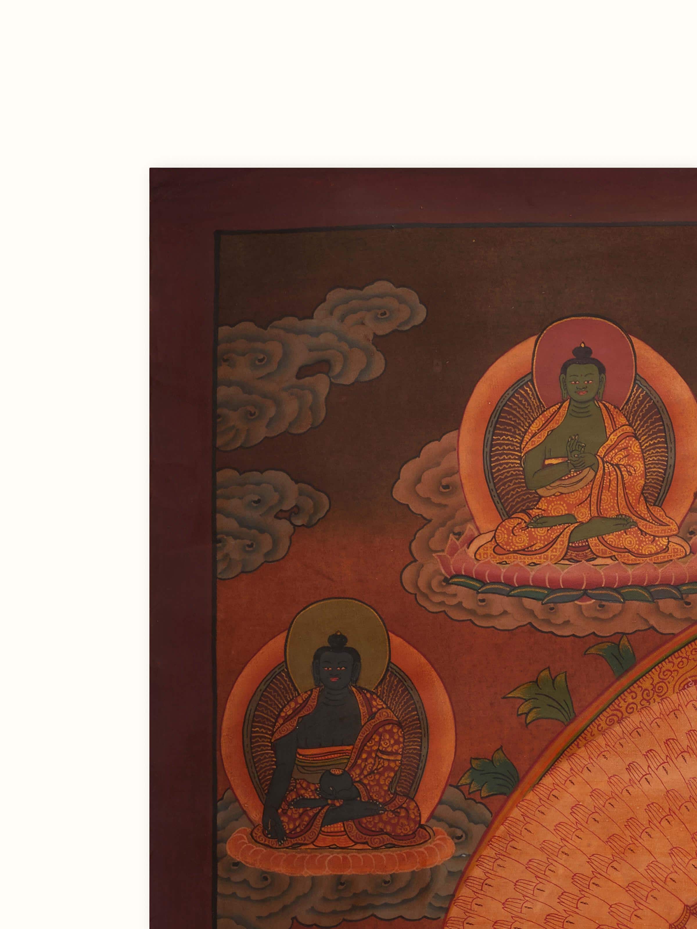 Close-up of Thangka mandala painting showing vibrant colors and intricate details.