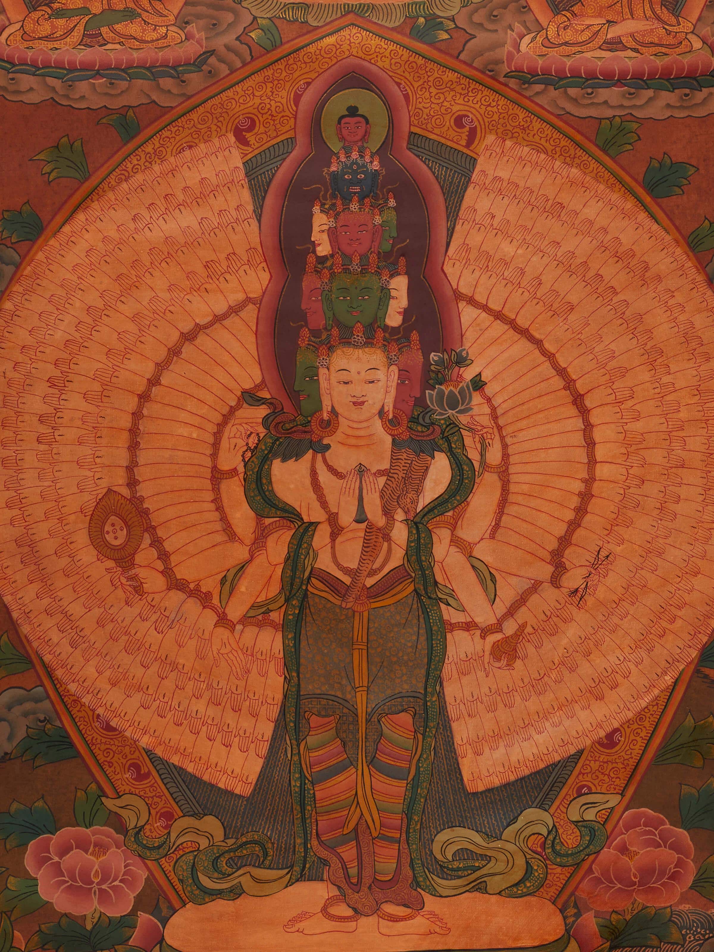 Side view of Thangka mandala painting highlighting detailed mandala patterns.
