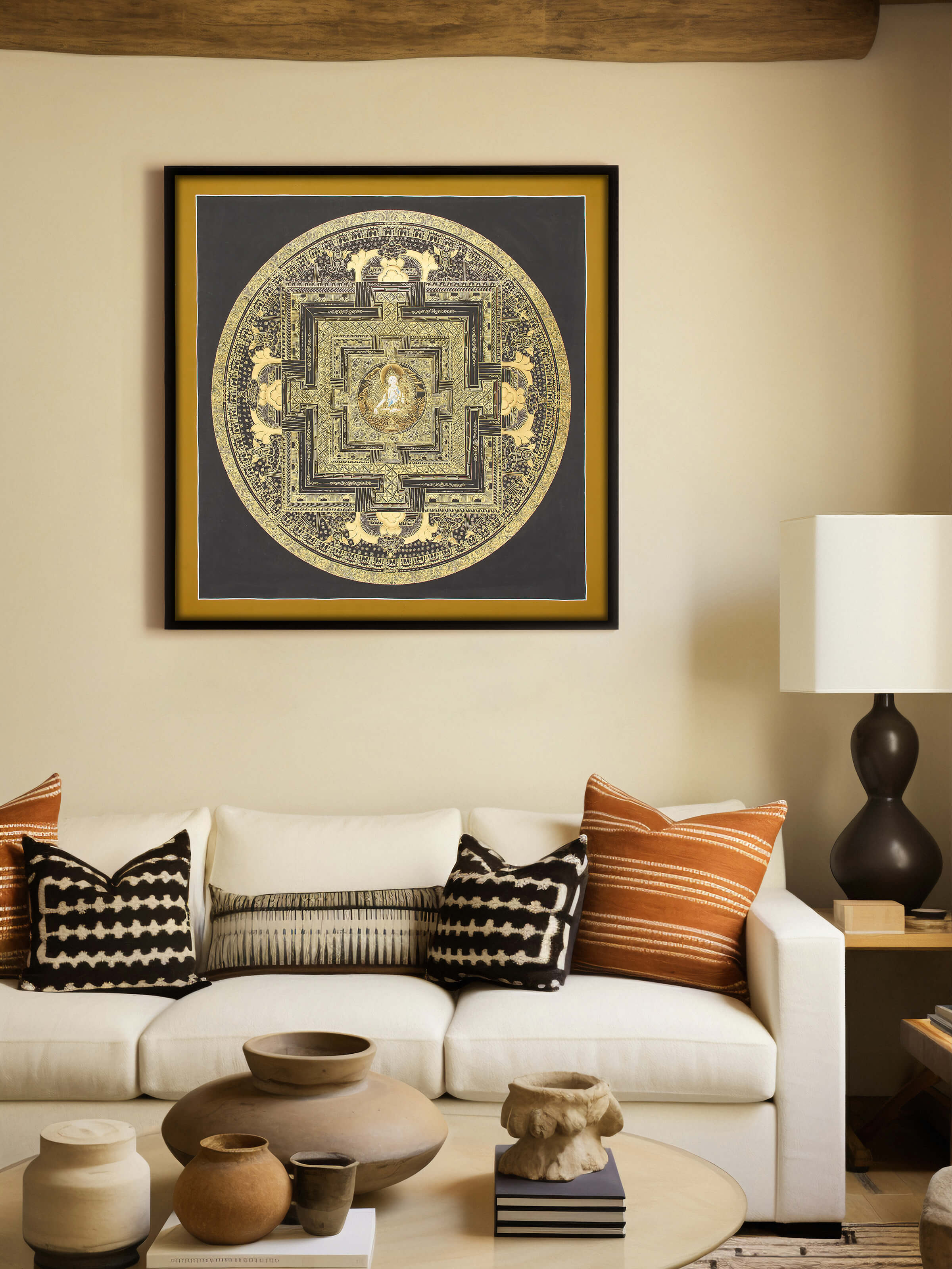 Close-up view of Thangka Mandala Painting, focusing on the detailed brushwork and patterns
