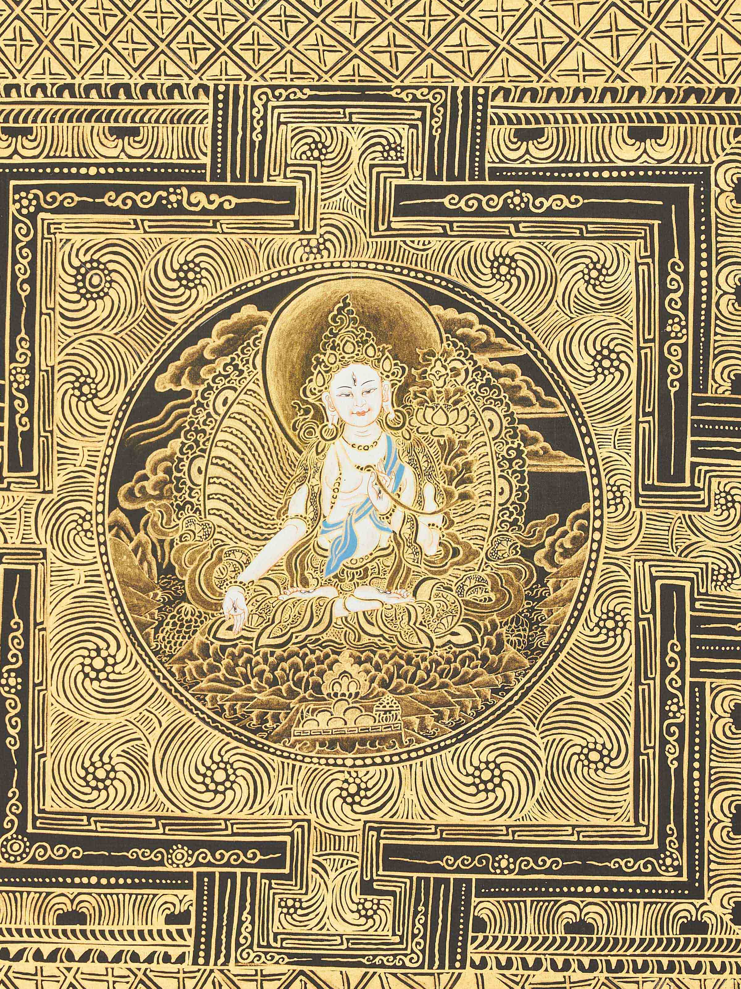 Side view of Thangka Mandala Painting, highlighting the texture and canvas details