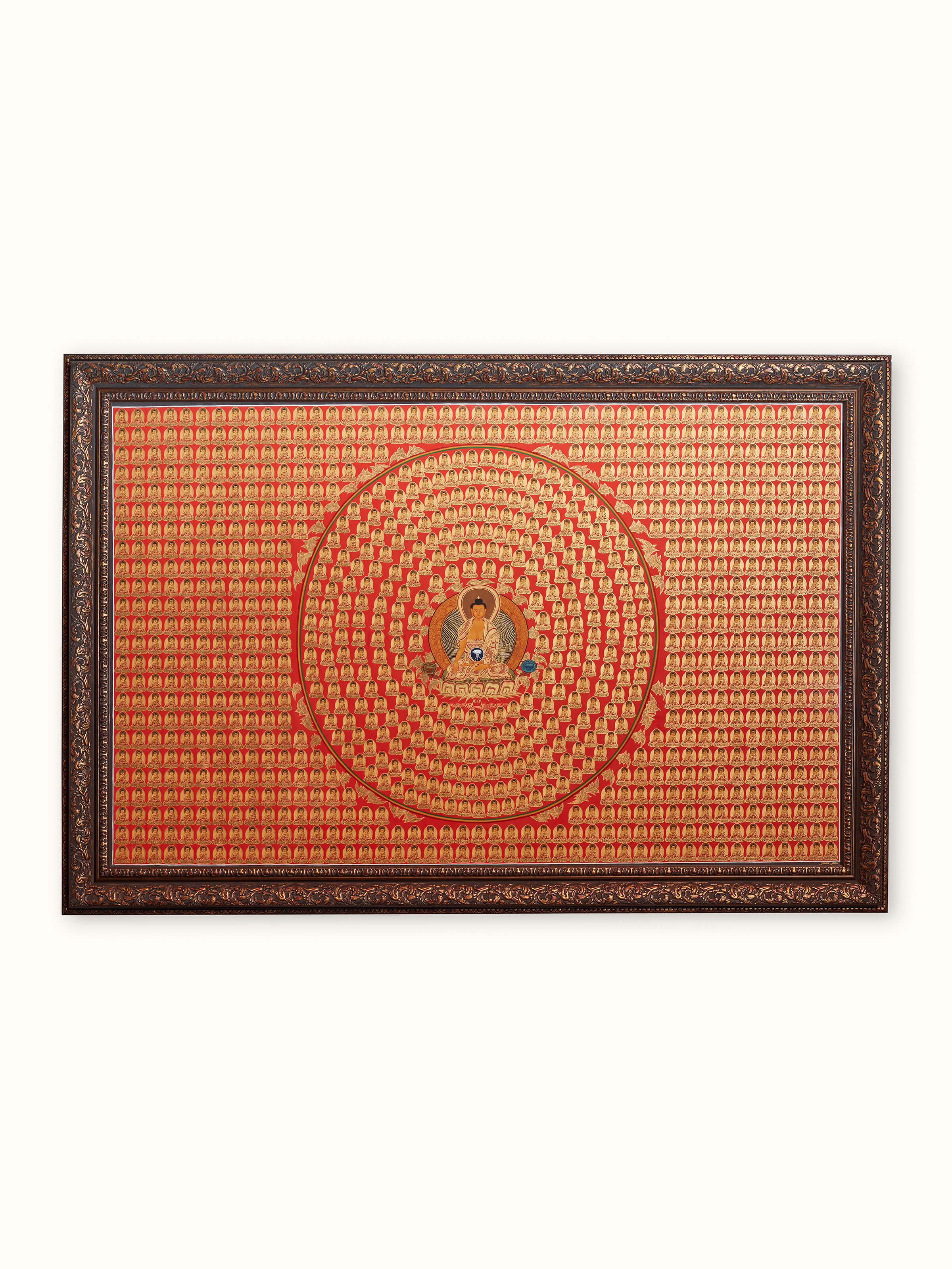 Front view of 1008 Buddha Thangka painting with detailed artwork
