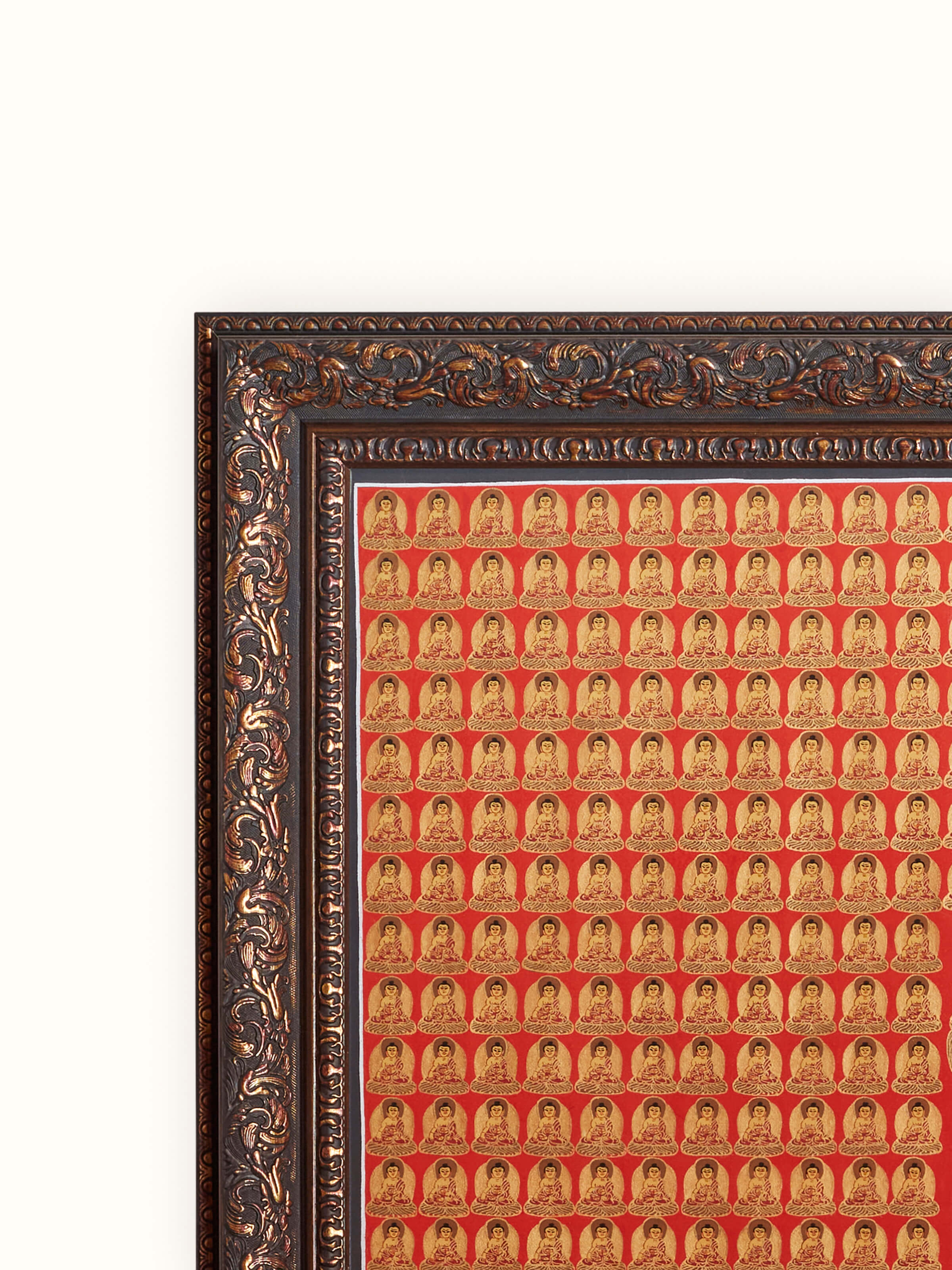 Detailed close-up of 1008 Buddha Thangka painting showing fine brushwork