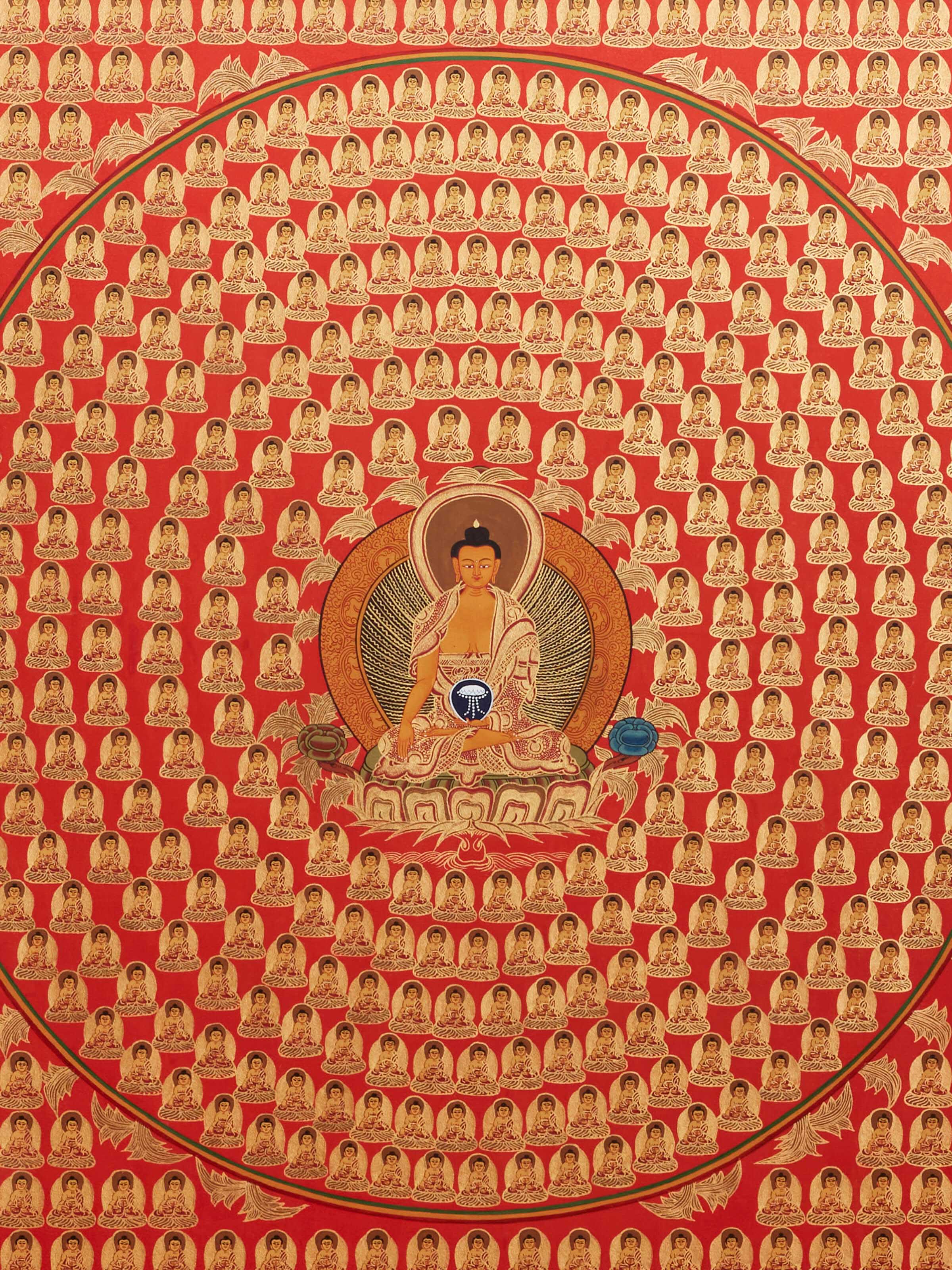 Side view of 1008 Buddha Thangka painting highlighting intricate designs